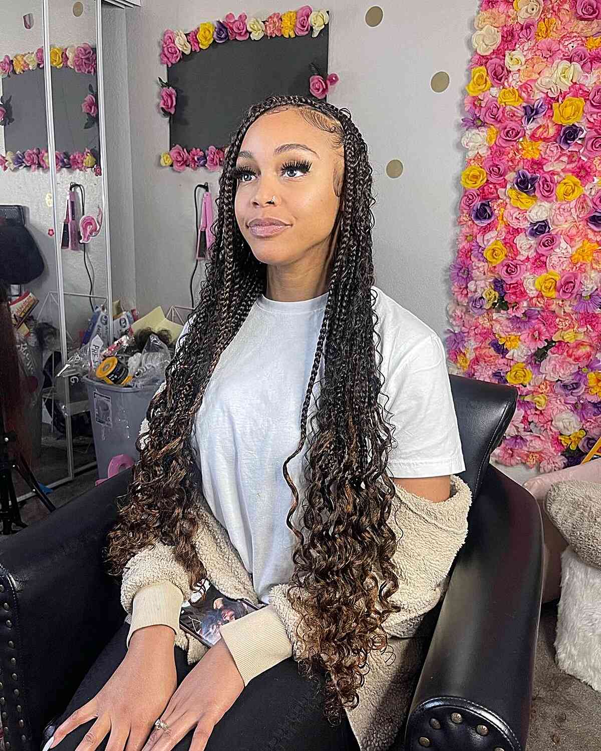 Waist-Length Deep Side Part Knotless Braids with Curls