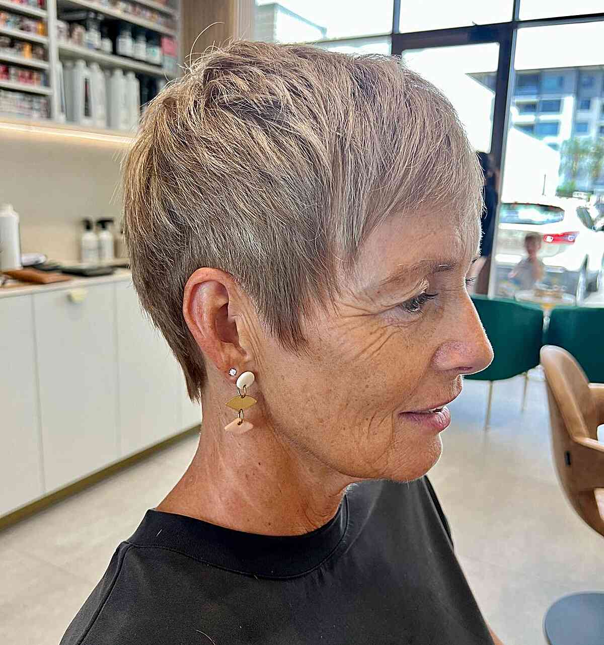 Wash-and-Wear Cute Long Pixie with Bangs and Sideburns for Ladies Past 60 with Short Hair