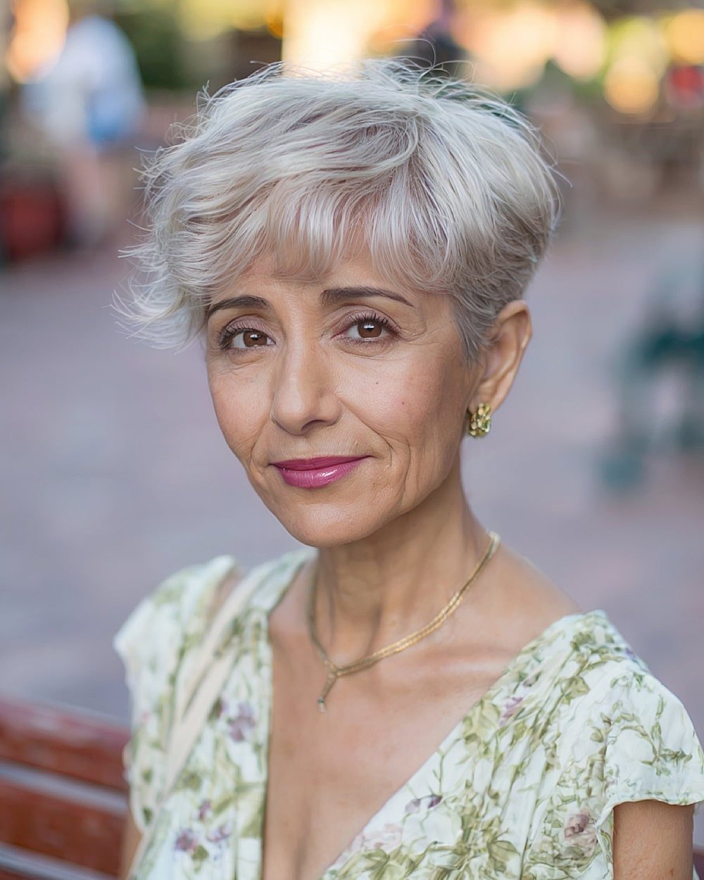 Short white pixie with soft waves and side-swept fringe for thin hair over 60