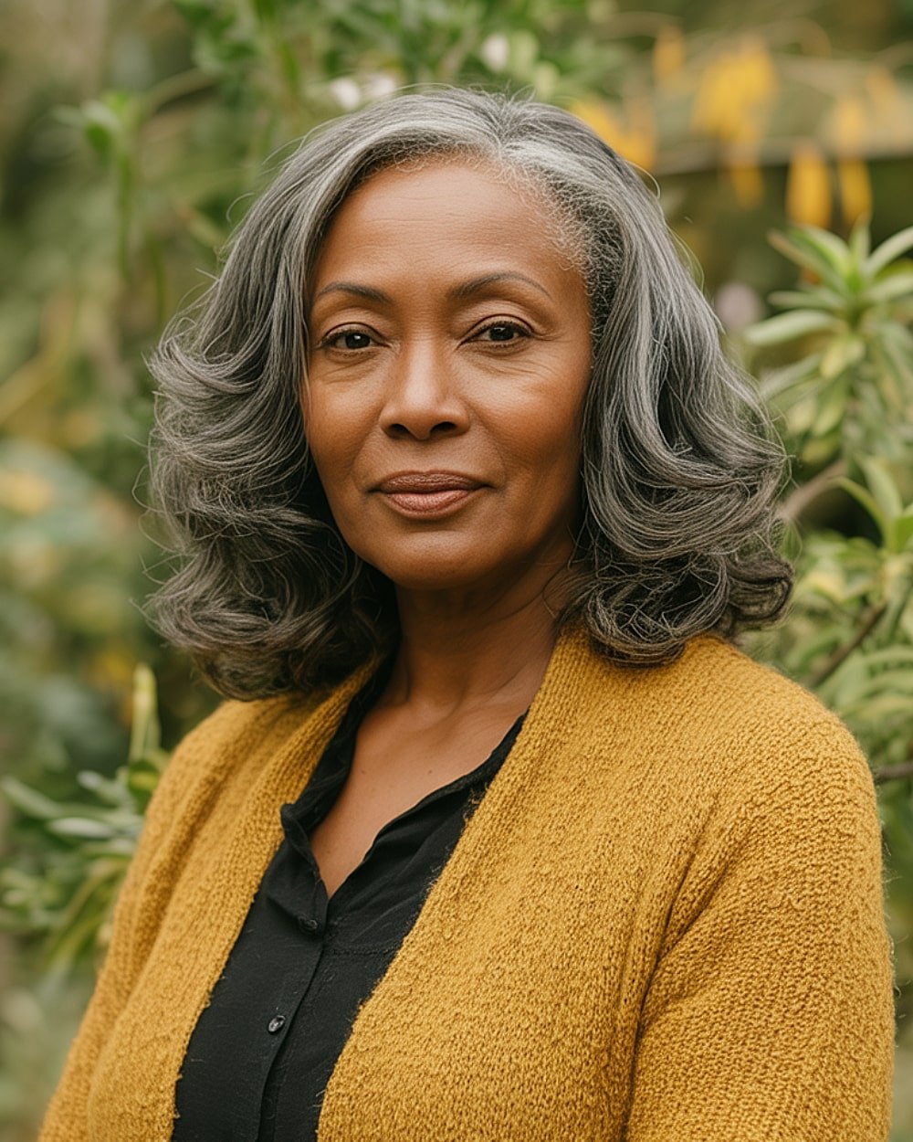 Mid-length layered gray hairstyle with volume for thin hair in women over 60