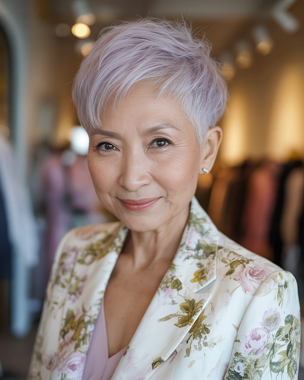 Short lavender pixie cut for thin hair over 60 with wispy layers and tapered sides