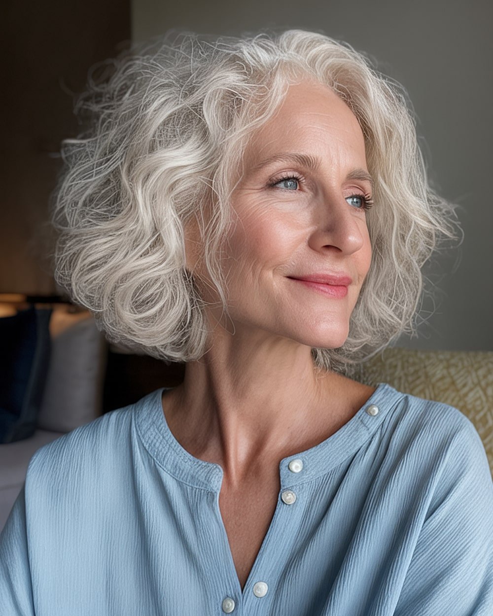 Soft white wavy bob for older women with very thin hair and natural volume boost