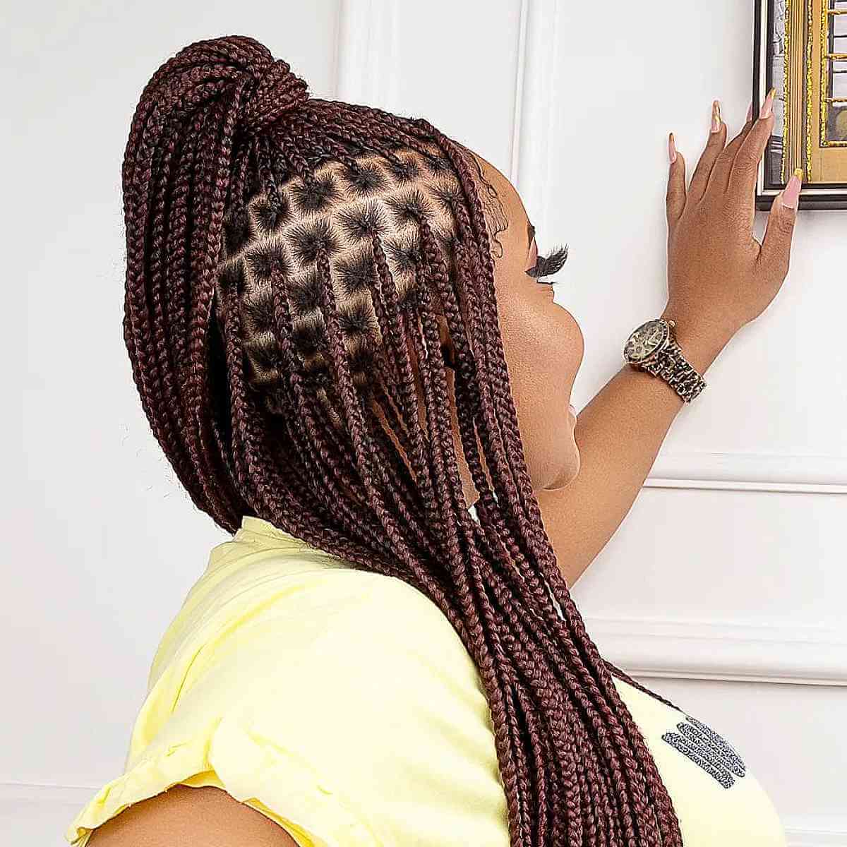 Long Burgundy Box Braids in a High Pony