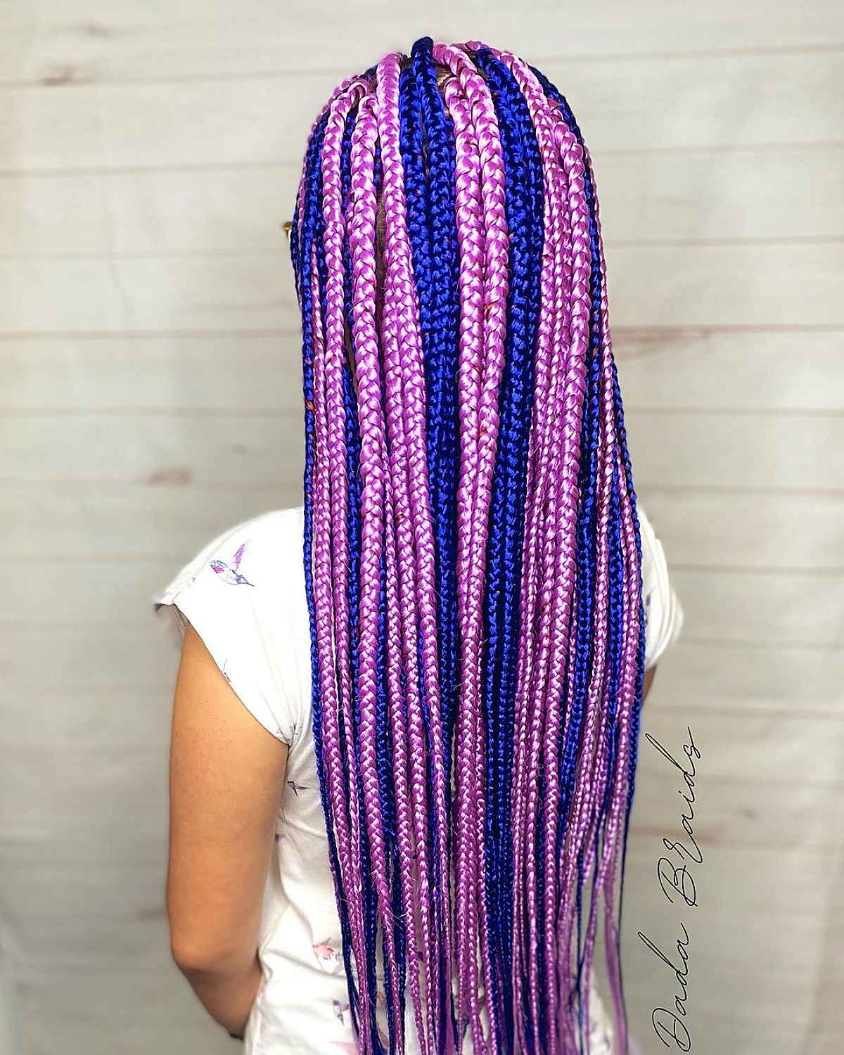 Long box braids with blue and pink hues