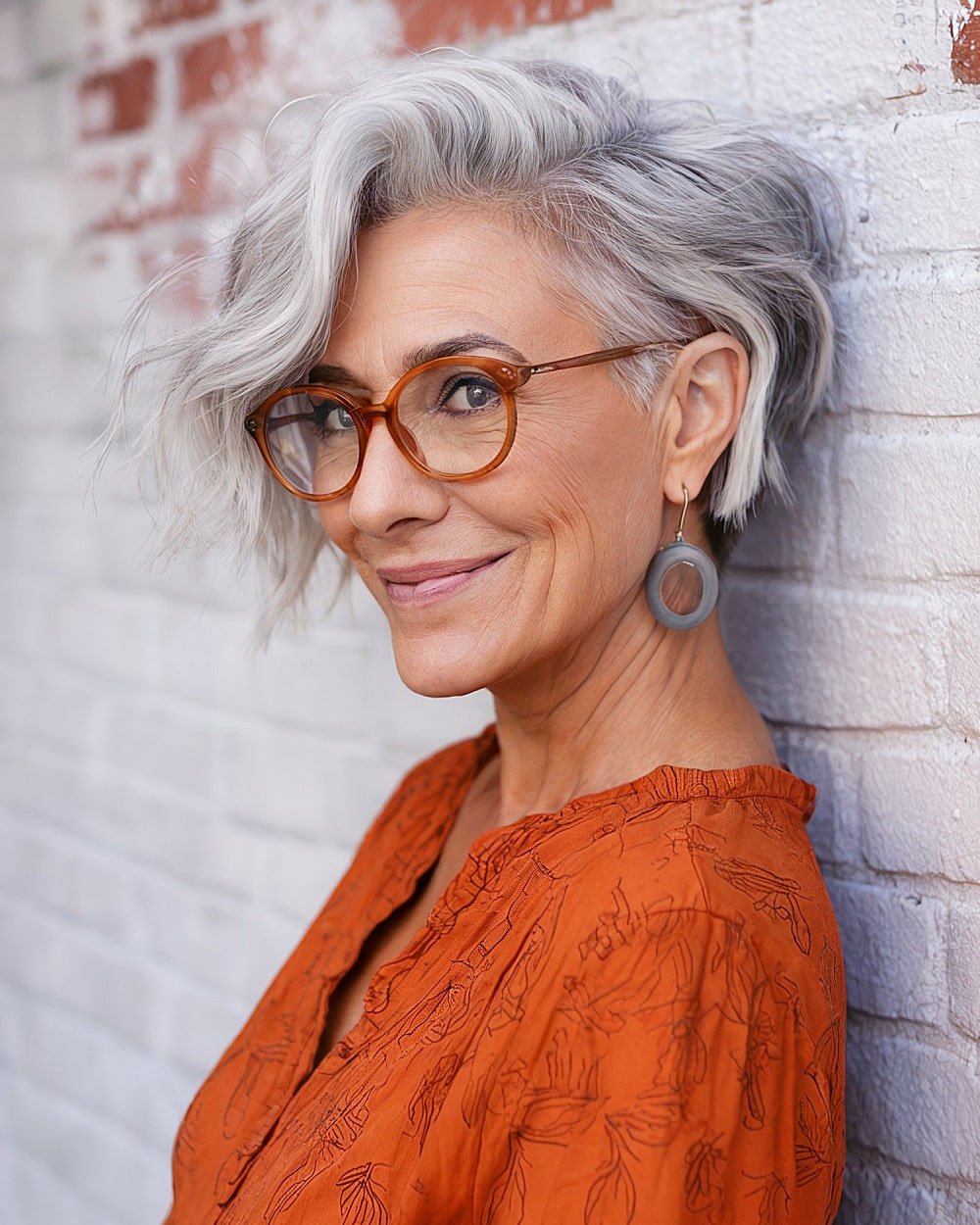 Layered pixie bob with undercut for mature women featuring side sweep and wavy texture