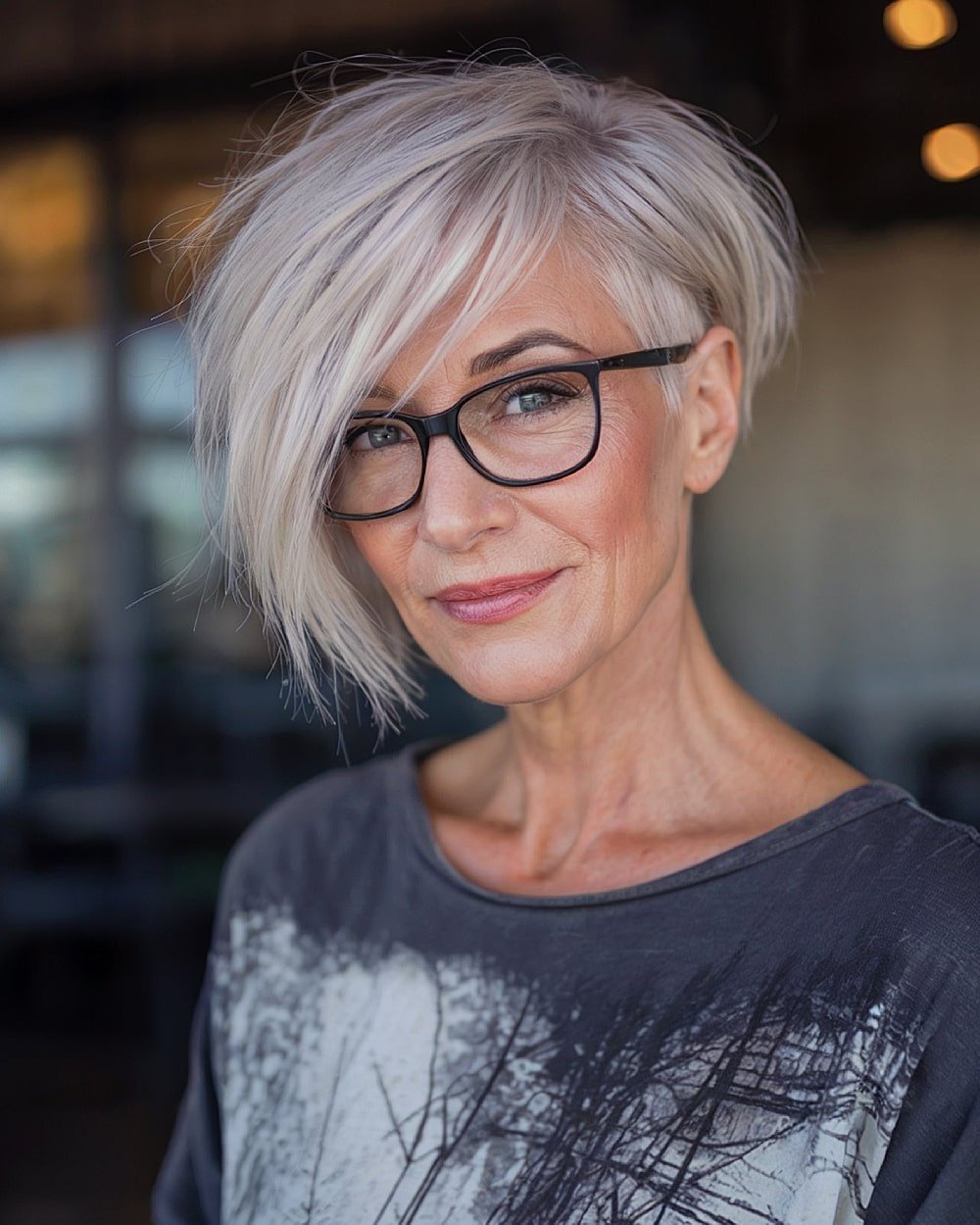 Disconnected icy pixie bob with long side bangs and edgy texture for women over 60