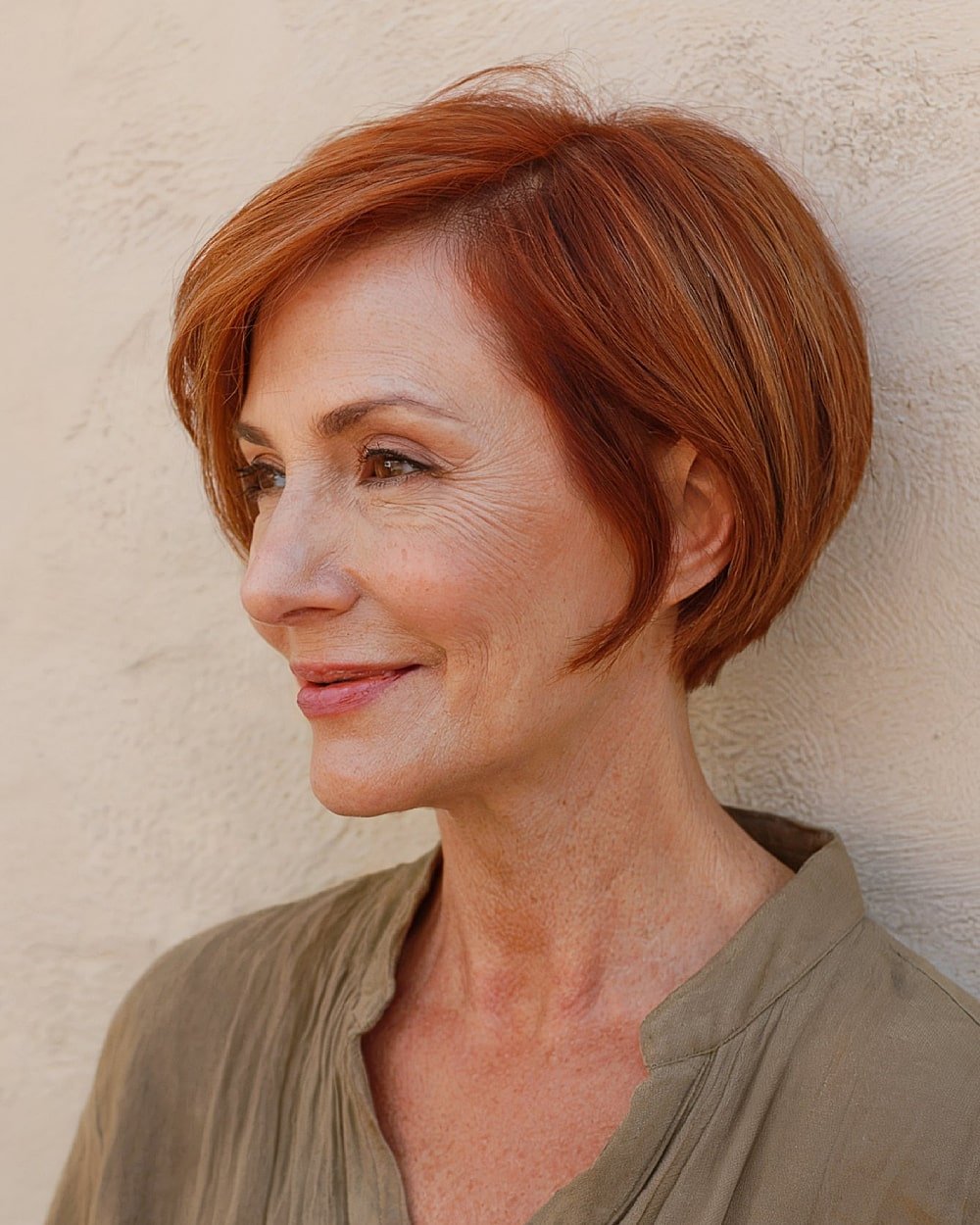 Curved auburn pixie bob for women over 60 with sleek contouring and face-framing pieces