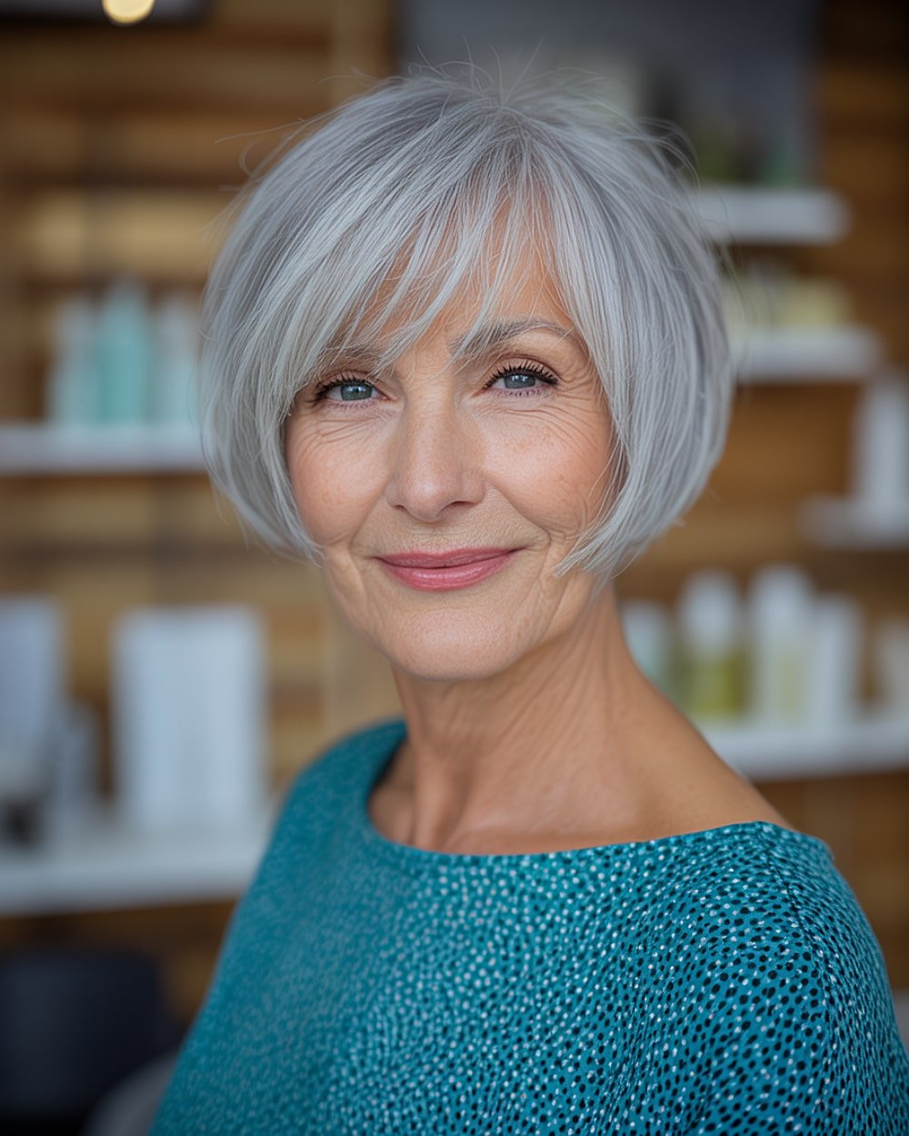 Rounded pixie bob with wispy fringe for senior women with straight silver hair and soft shape