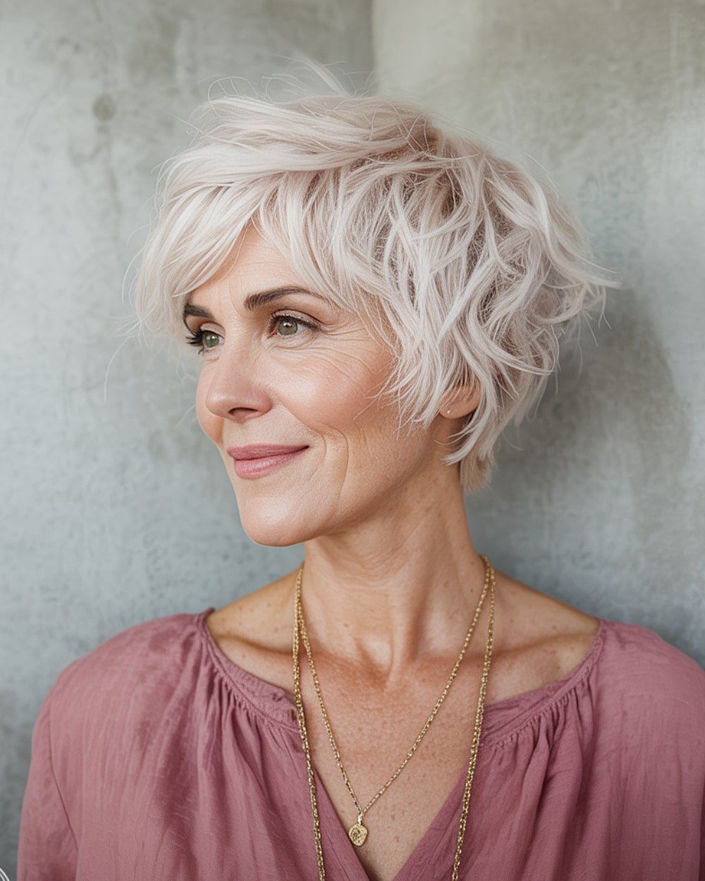 Tousled choppy pixie bob for women over 60 with textured layers and light blonde tones