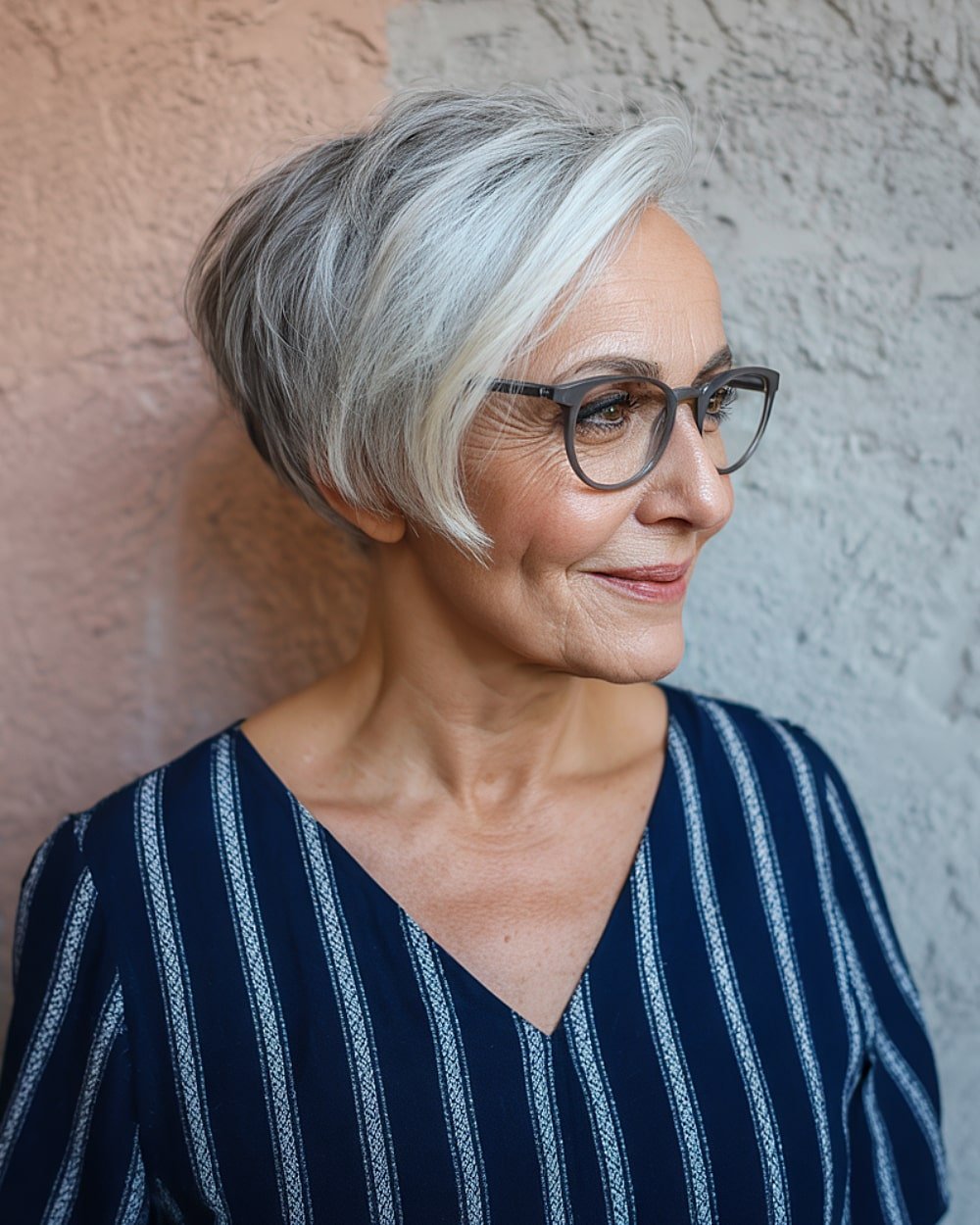 Angled pixie bob with long top for older women featuring gray blending and soft volume