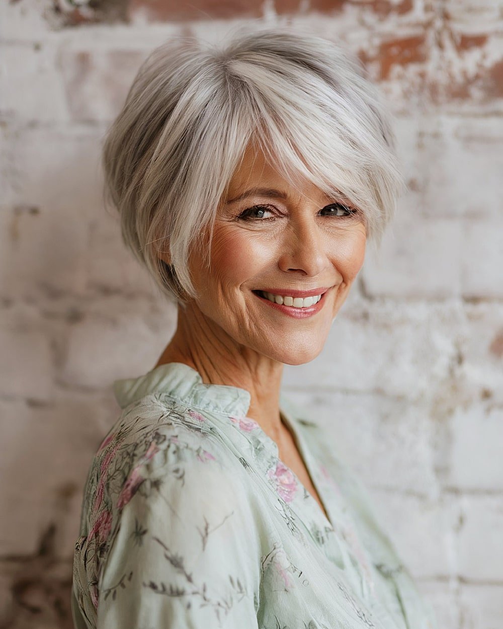 Feathered pixie bob with side lift for women over 60 with fine gray hair and soft volume