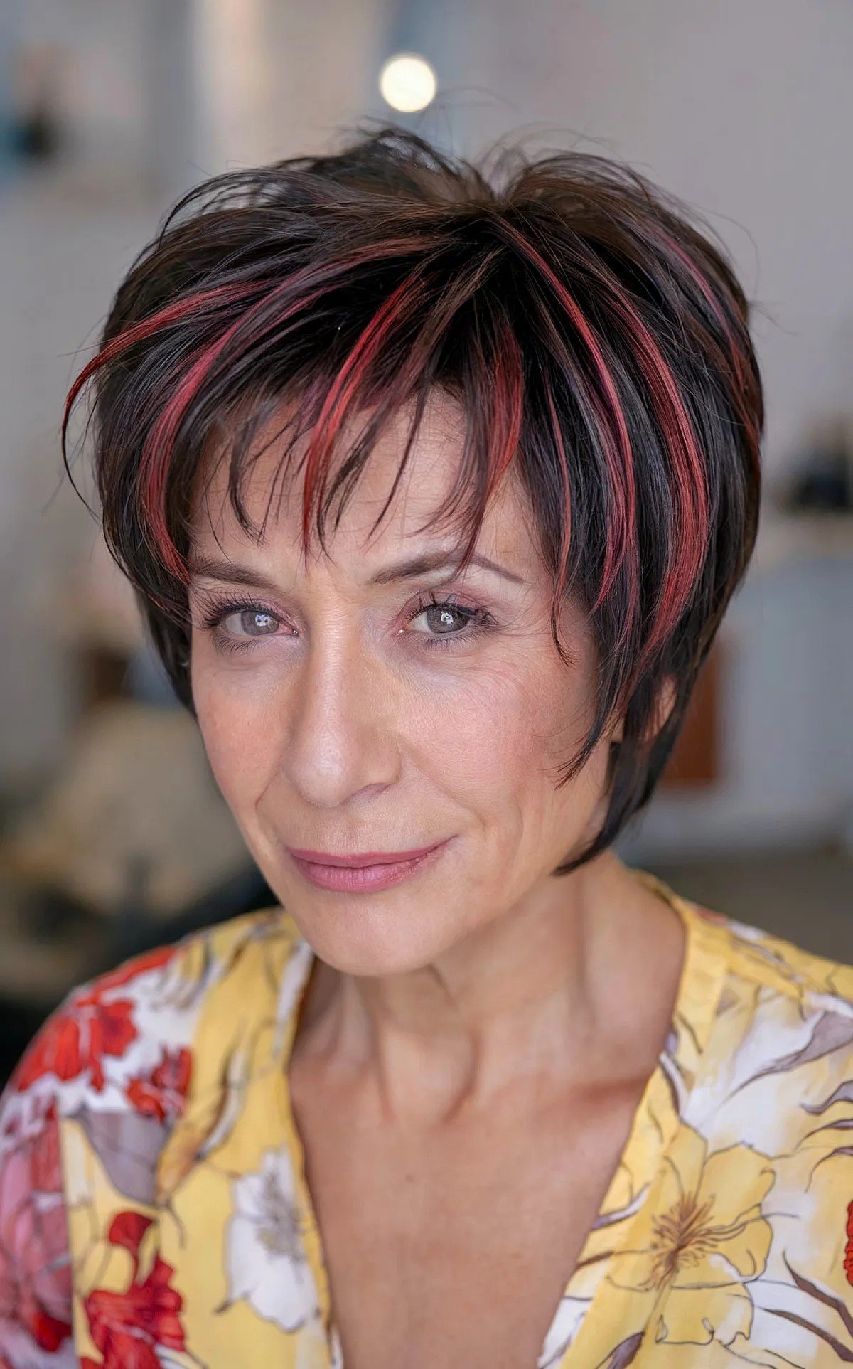 Short-Length Graduated Bixie with Red Highlights for Ladies Over 60
