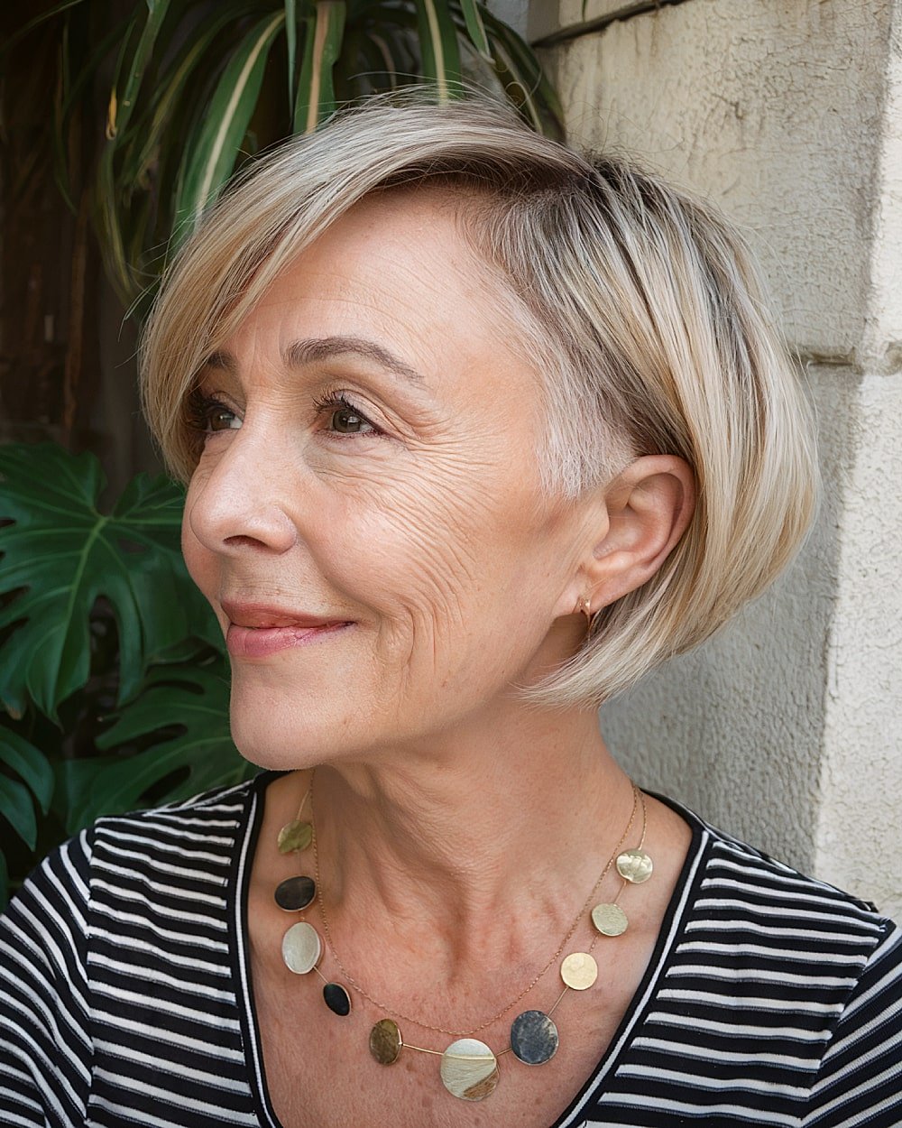 Icy blonde pixie bob with side undercut for older women with fine straight hair