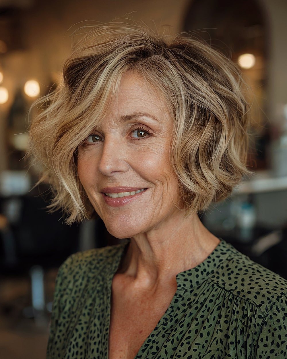 Short piecey choppy cut with outward flipped ends for over 60 women with blonde waves