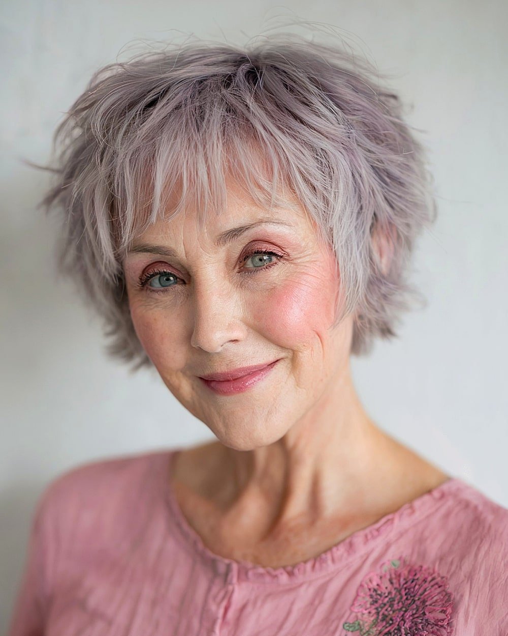 Short choppy crop with micro bangs for women over 60 with soft lavender-toned hair