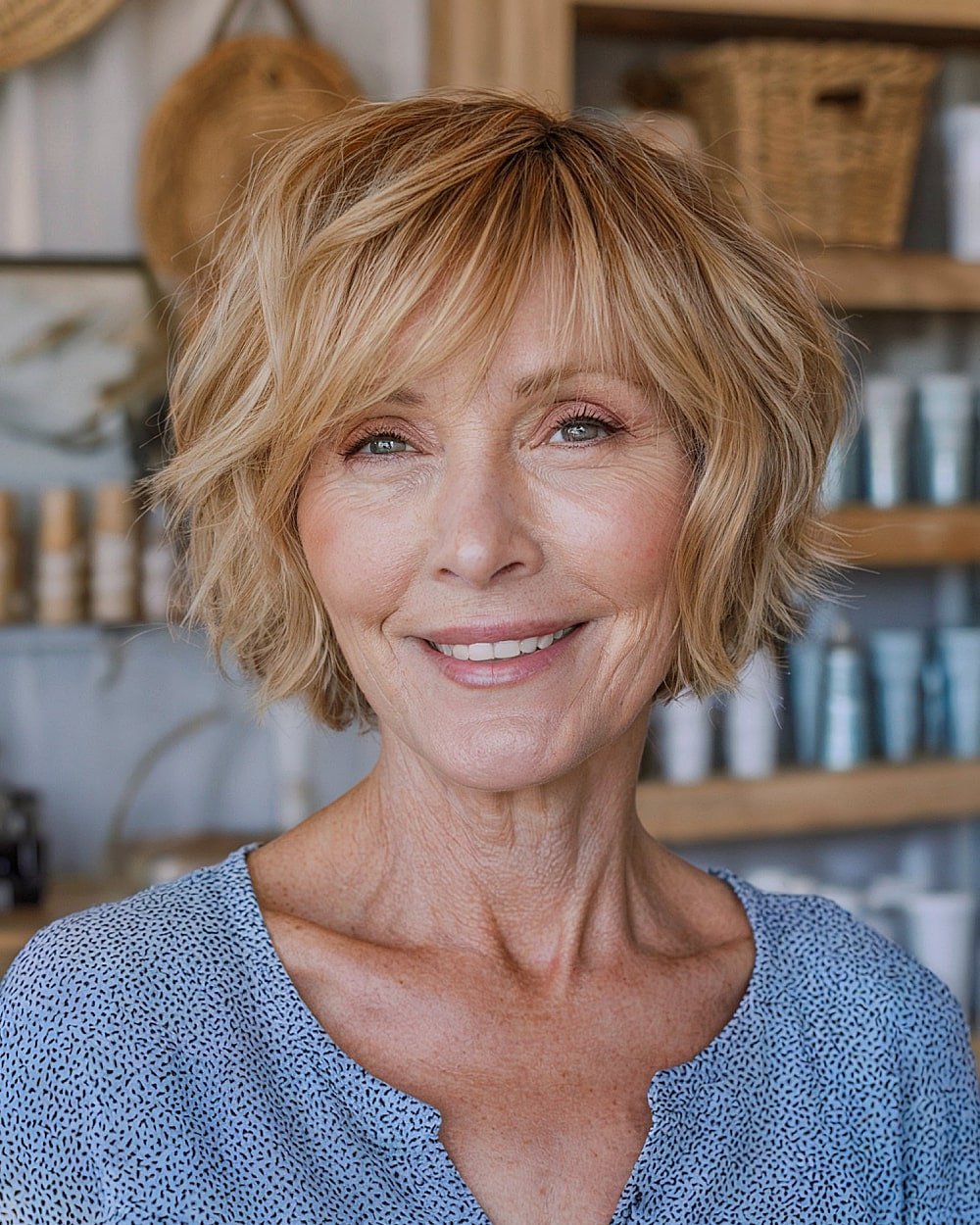 Disconnected choppy bob with layered side bangs for women over 60 with fine blonde hair