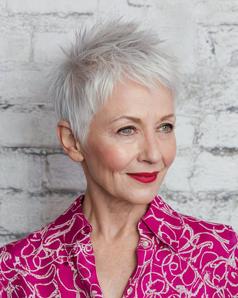 Spiky textured pixie with silver-white tips for women over 60 seeking bold short hair