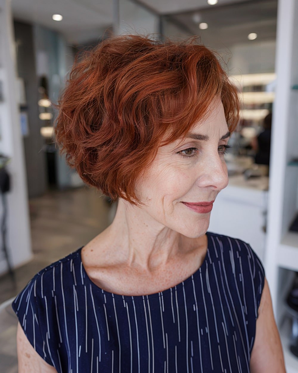 Ear-length wispy choppy bob for women over 60 with natural waves and auburn color