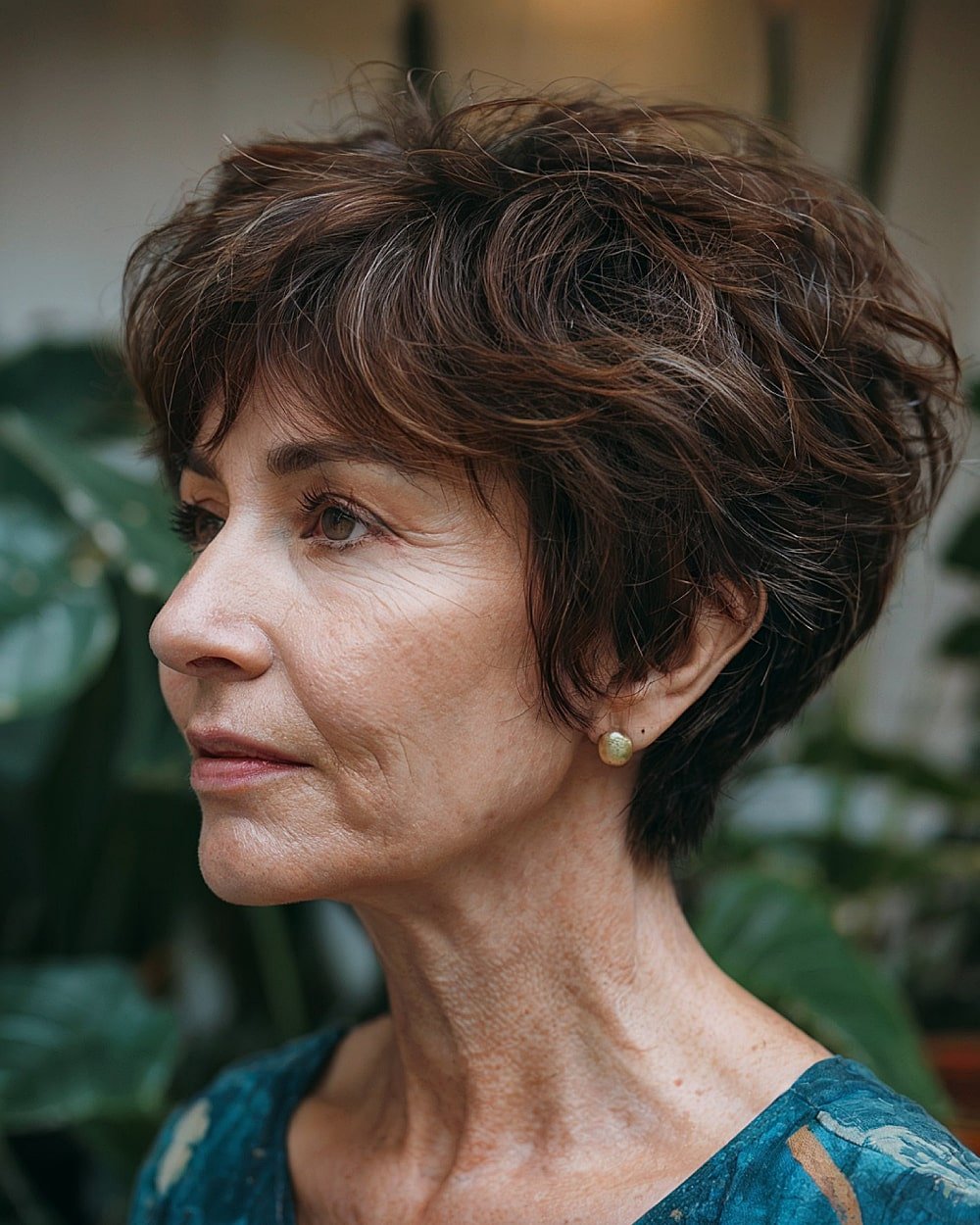 Short messy choppy cut with lifted crown for women over 60 with dense brunette hair
