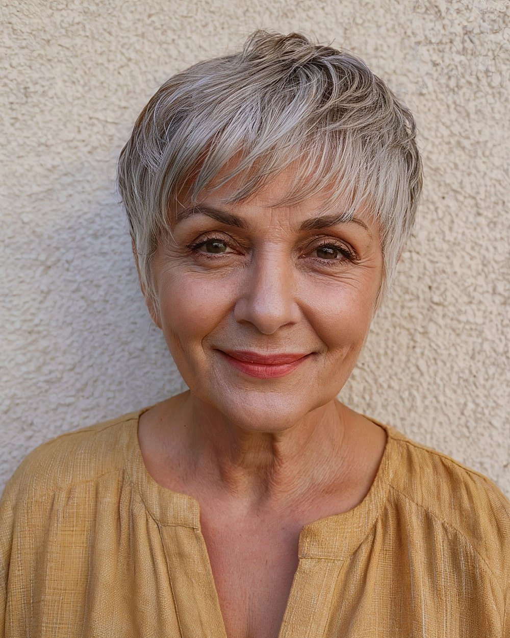 Choppy layered pixie cut with textured fringe for women over 60 with thinning grey hair