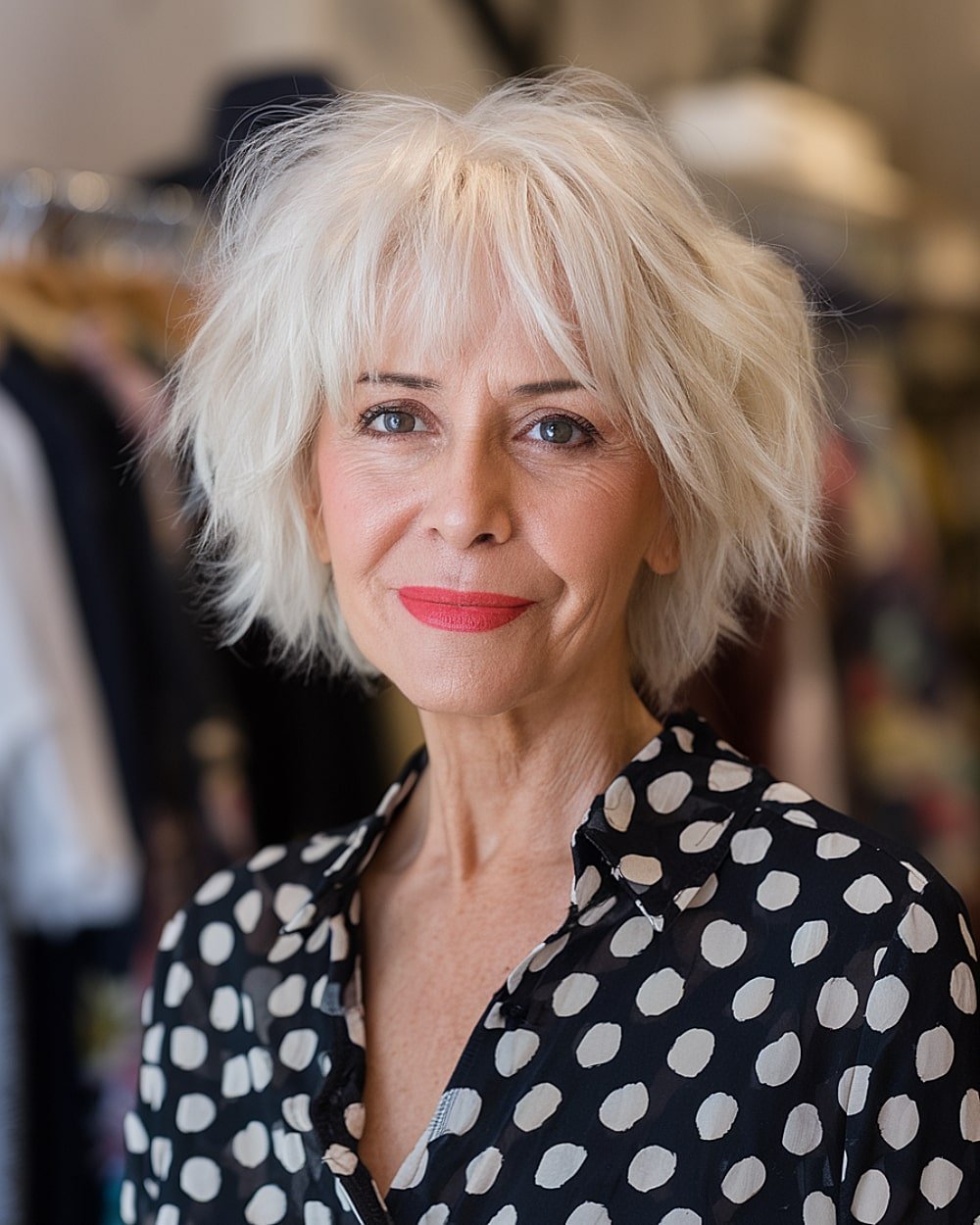 Platinum choppy bob with shaggy layers for women over 60 seeking volume