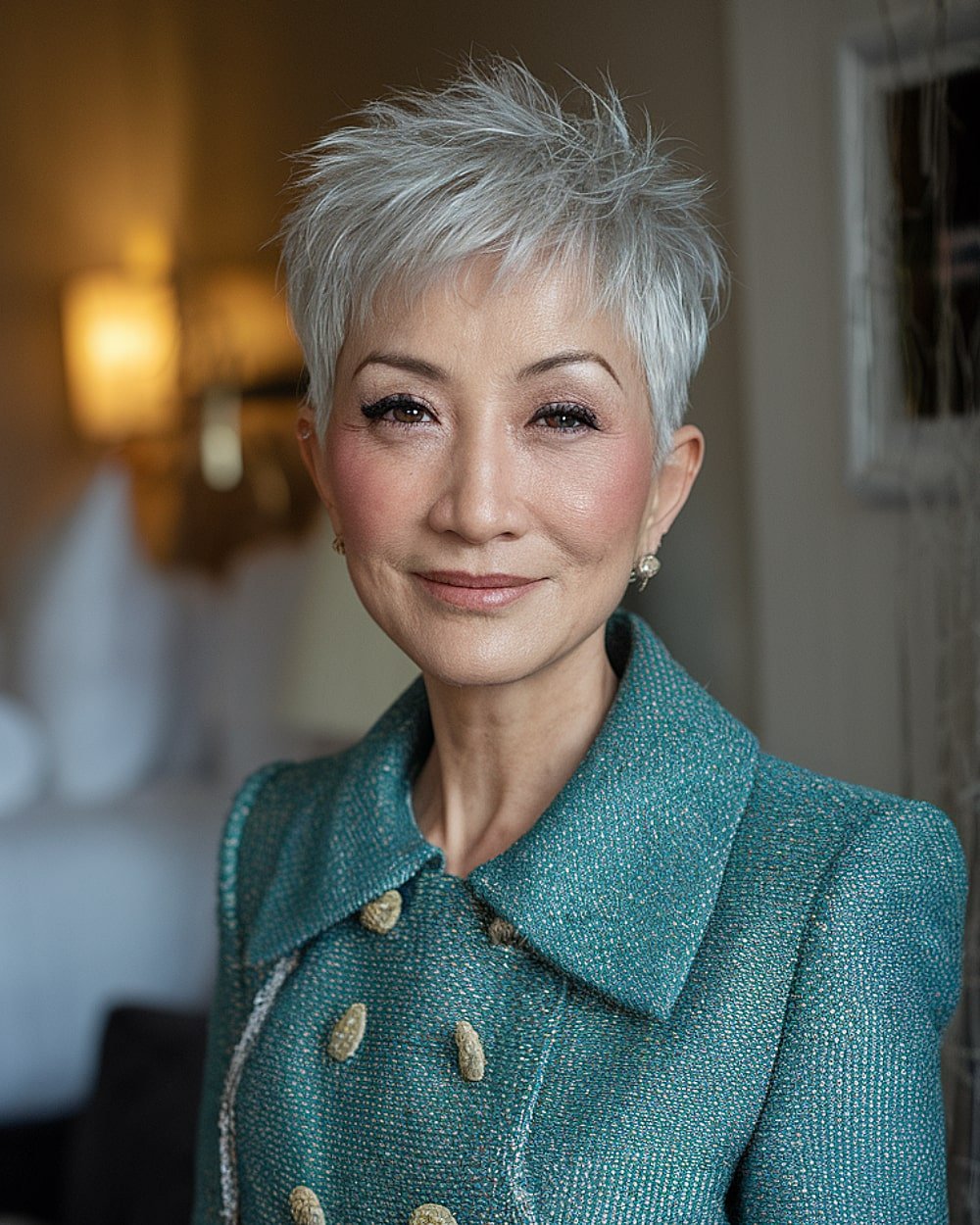 Short silver textured pixie splice haircut with feathered layers for women over 60.
