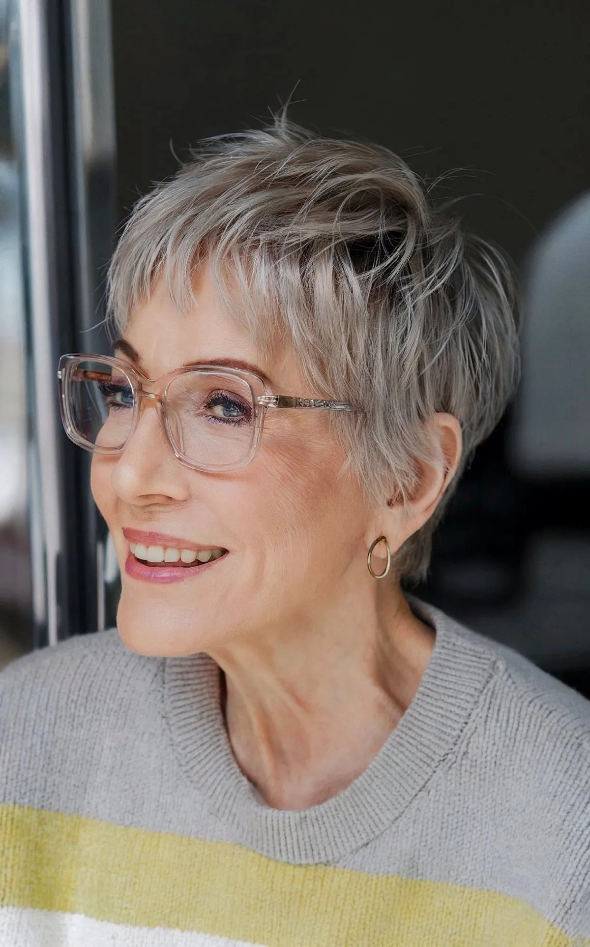 Messy Grey Pixie Cut and Choppy Fringe for Older Women Aged 60 with Glasses