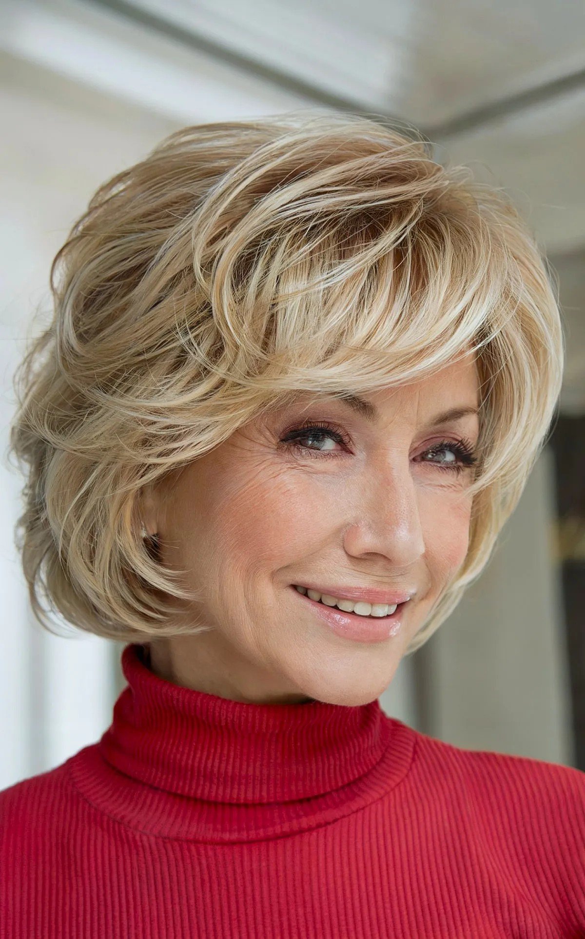 Chin-Length Golden Blonde Hair with Textured Choppy Bob Cut and Side Bangs