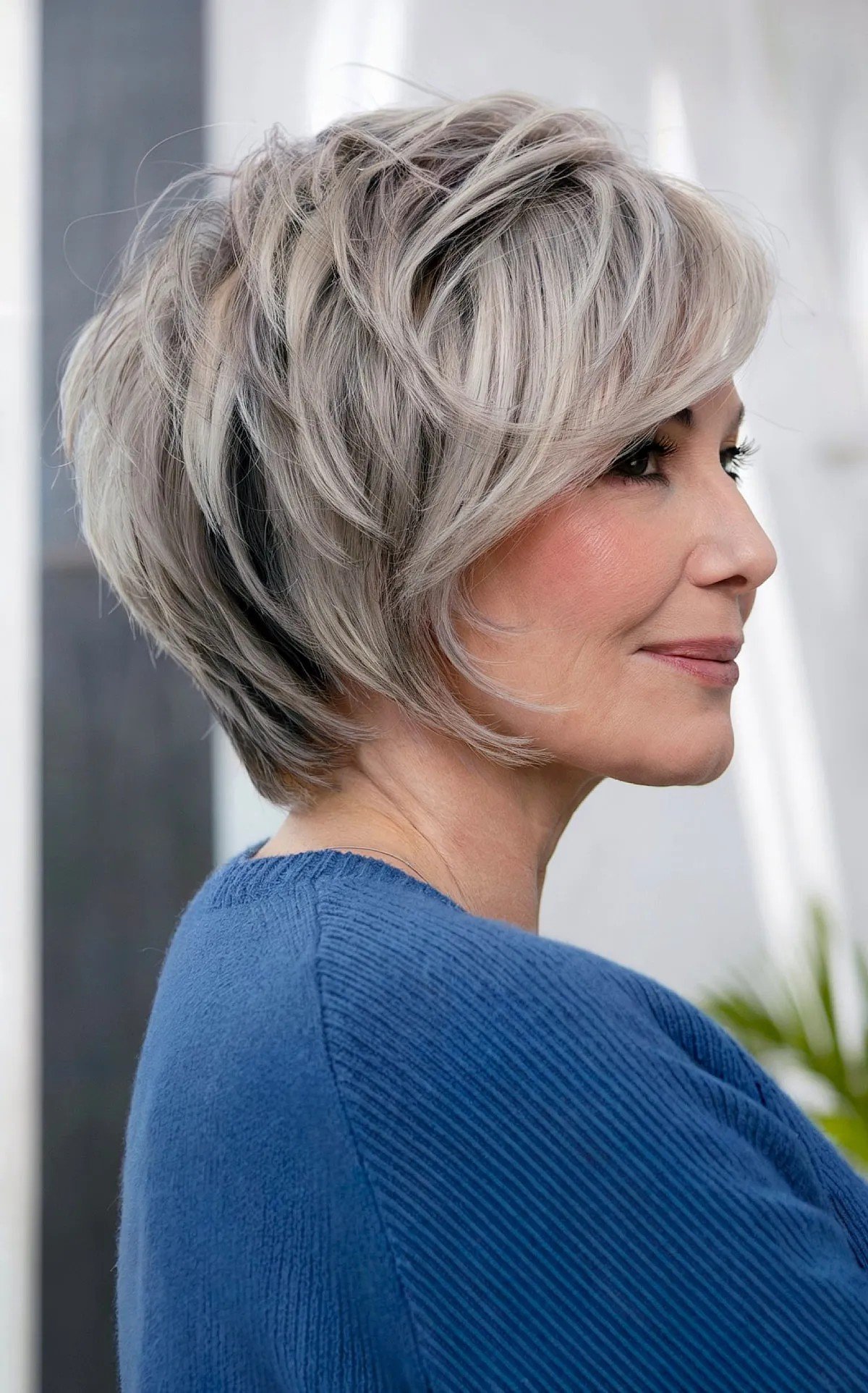 Soft Textured Choppy Bixie with White Blonde Highlights on Ladies Over 60-Years-Old