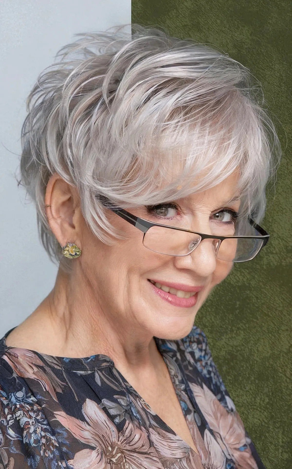 Multi-Layered Choppy Pixie with Side-Swept Bangs for ladies over 60 with glasses