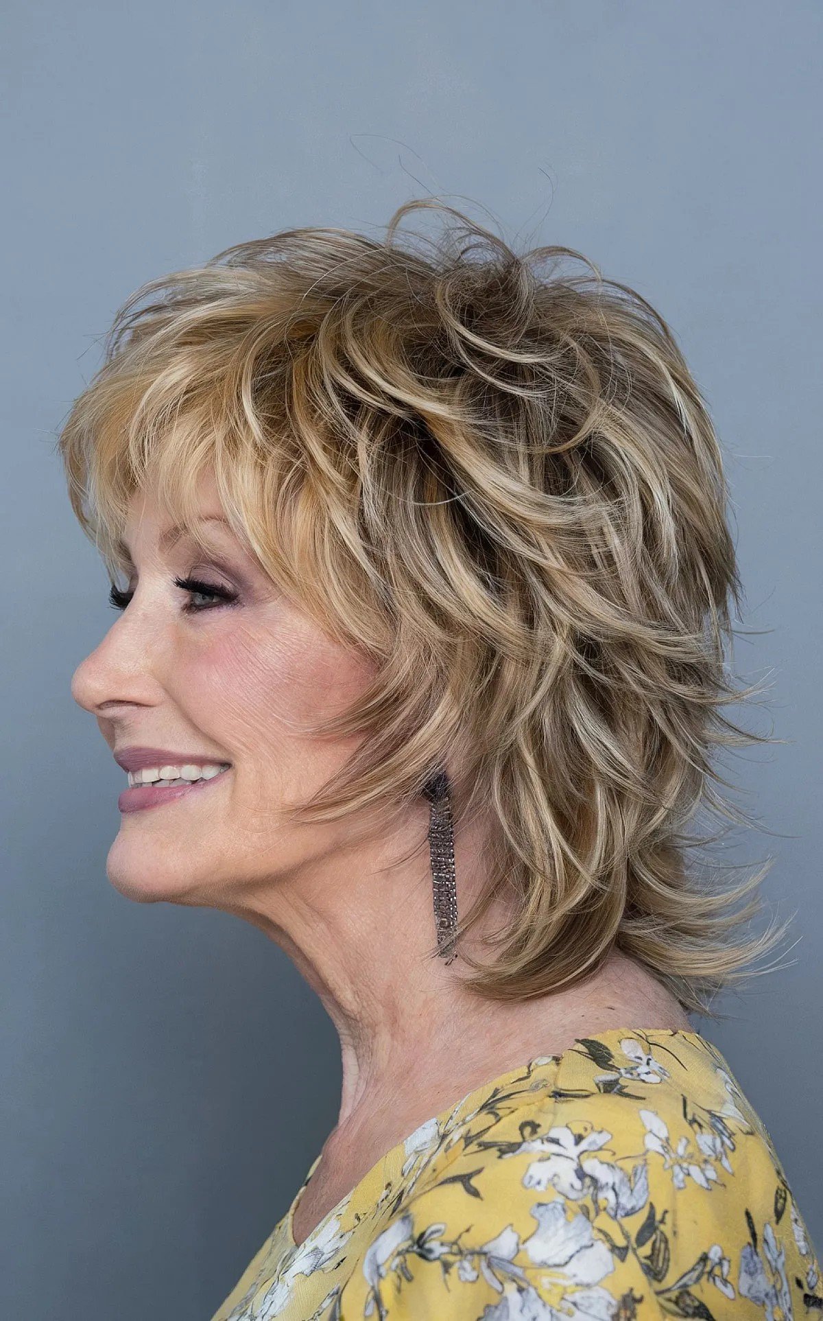 Short Mullet Shag with Tousled Choppy Layers and Golden Blonde Color for Seniors Over 60