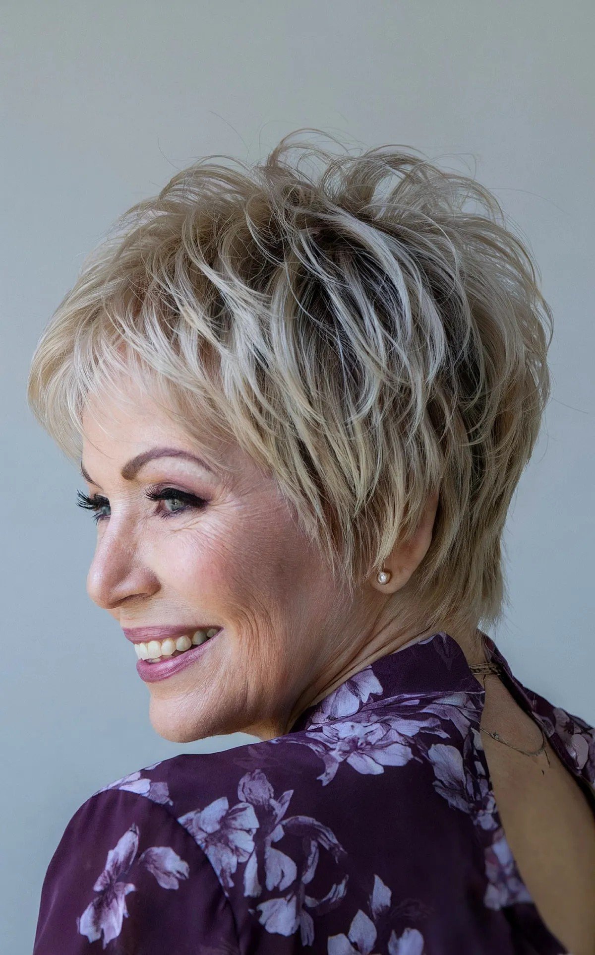 Very Short Choppy Crop with Piece-y Layers on 60-Year-Old Older Women's Natural White Hair