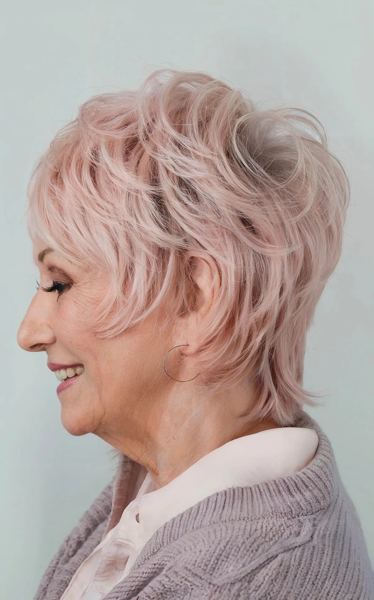 Pink Choppy Mullet for women past their 60s with Fine Hair