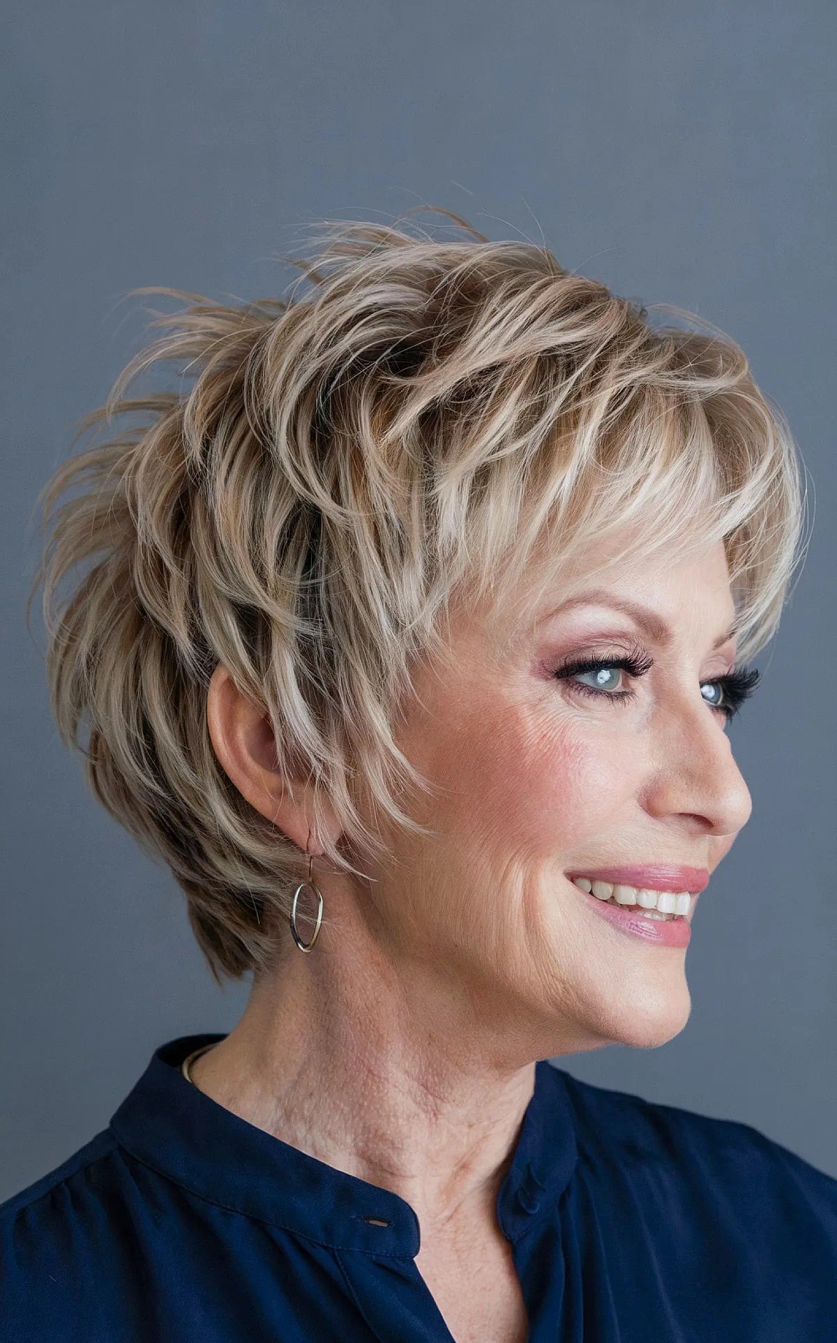 Textured Choppy Short Hair with Blonde Highlights for 60-year-olds