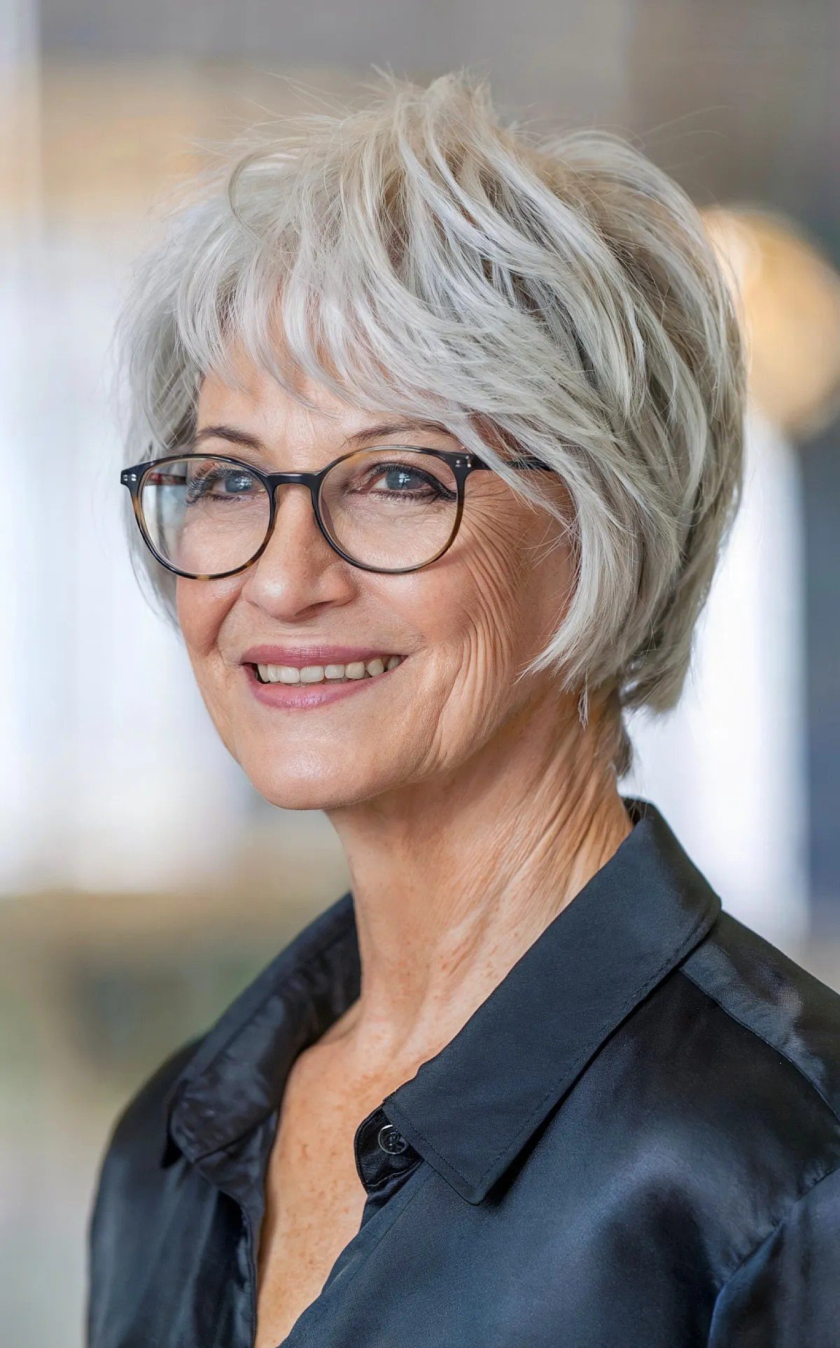 Neck-Grazing Gray Feathered Choppy Short Haircut for Women turning 60