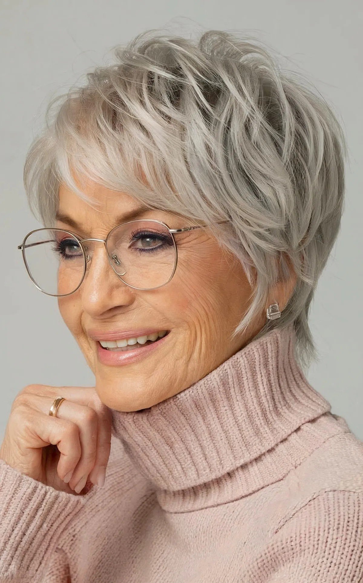Grey Pixie with Choppy Wispy Layers for Women Aged 60 with Glasses