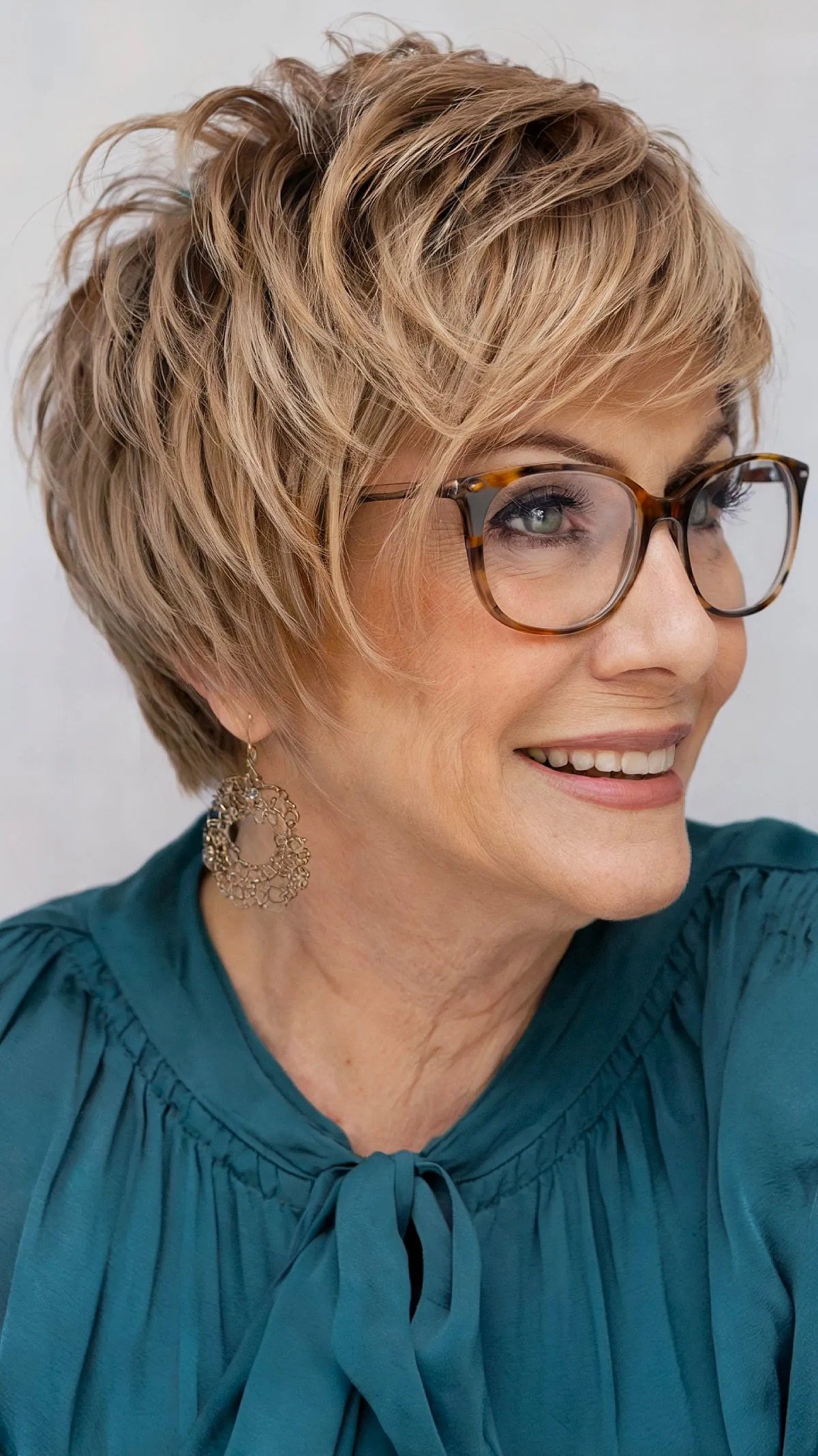 Caramel Blonde Pixie Choppy Layers for Thick Hair on Women Over 60 with Glasses
