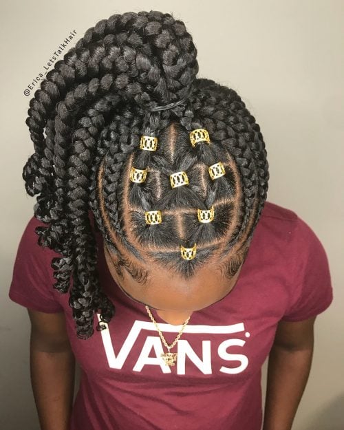 Feed-in Ghana braids with cuffs in a ponytail