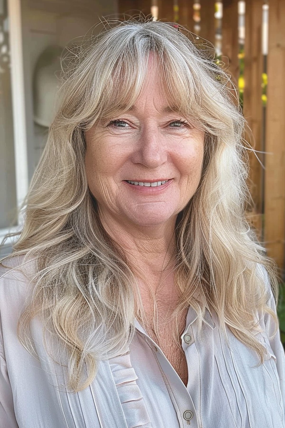 Youthful long curtain bangs hairstyle for women over sixty with fine hair