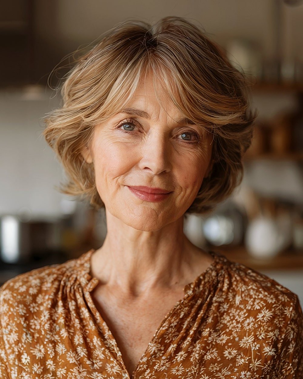 Feathered bob with light brown tones for fine hair over 60, layered with side volume and wispy texture