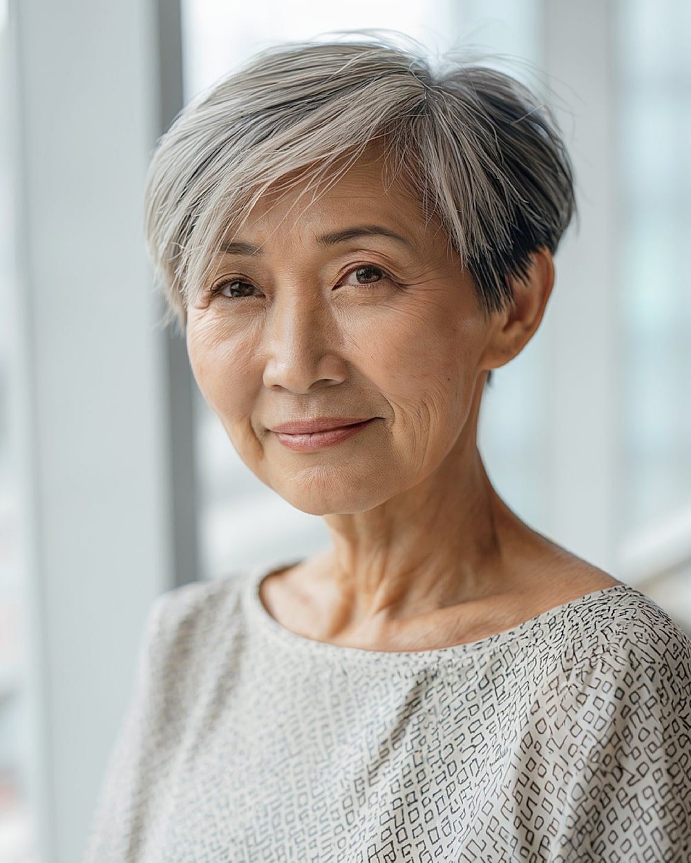 Elegant pixie bob for fine gray hair over 60 with a deep side part and softly swept fringe