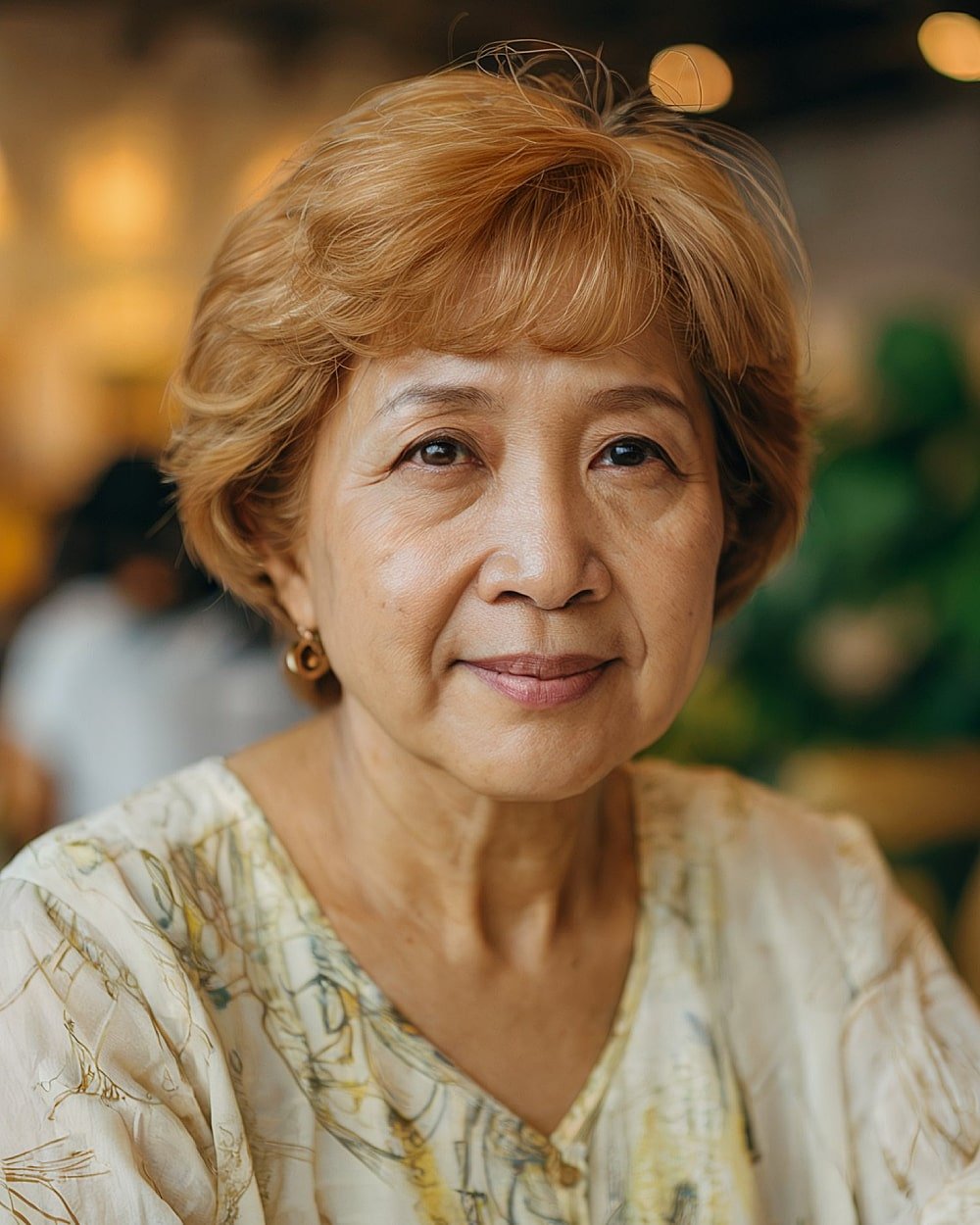 Golden honey bob for fine hair over 60, rounded with light layering and face-framing softness