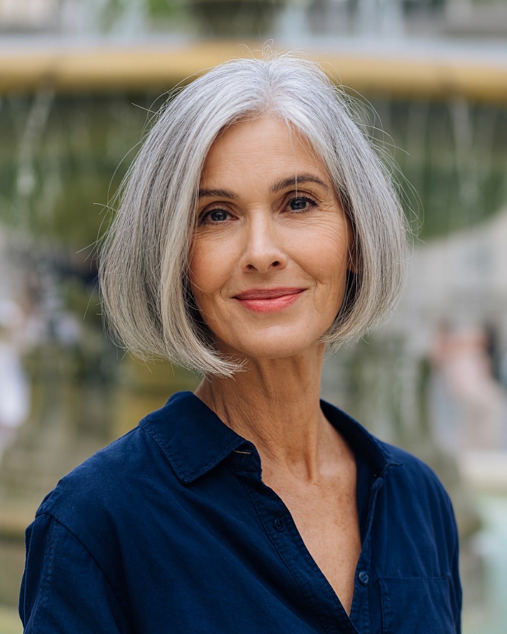 Classic bob for women over 60 with straight fine silver hair and rounded edges for a crescent shape
