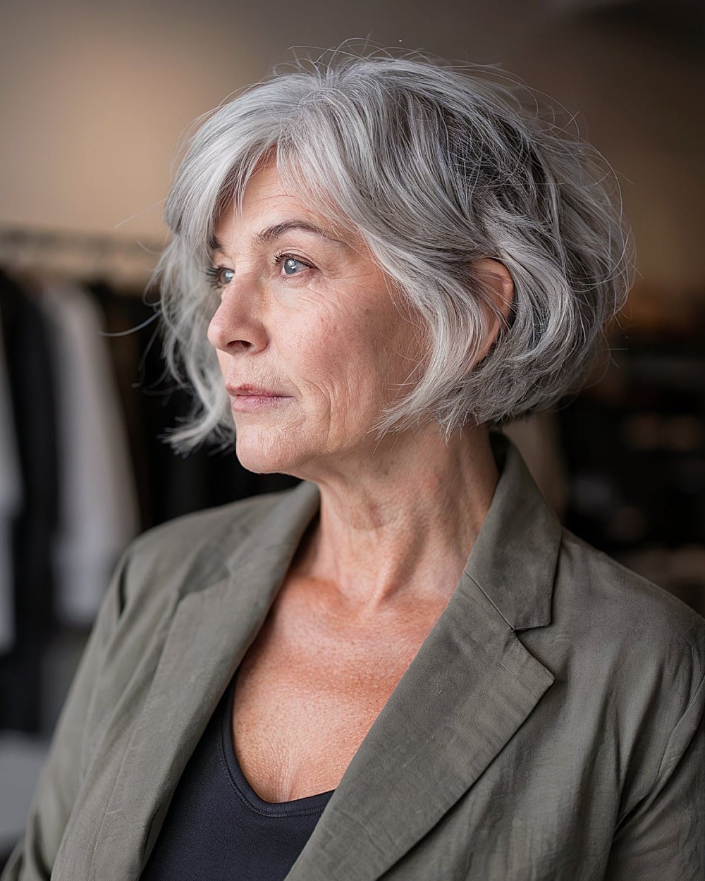 Textured tapered bob with natural gray for women over 60, styled with airy layers and soft movement