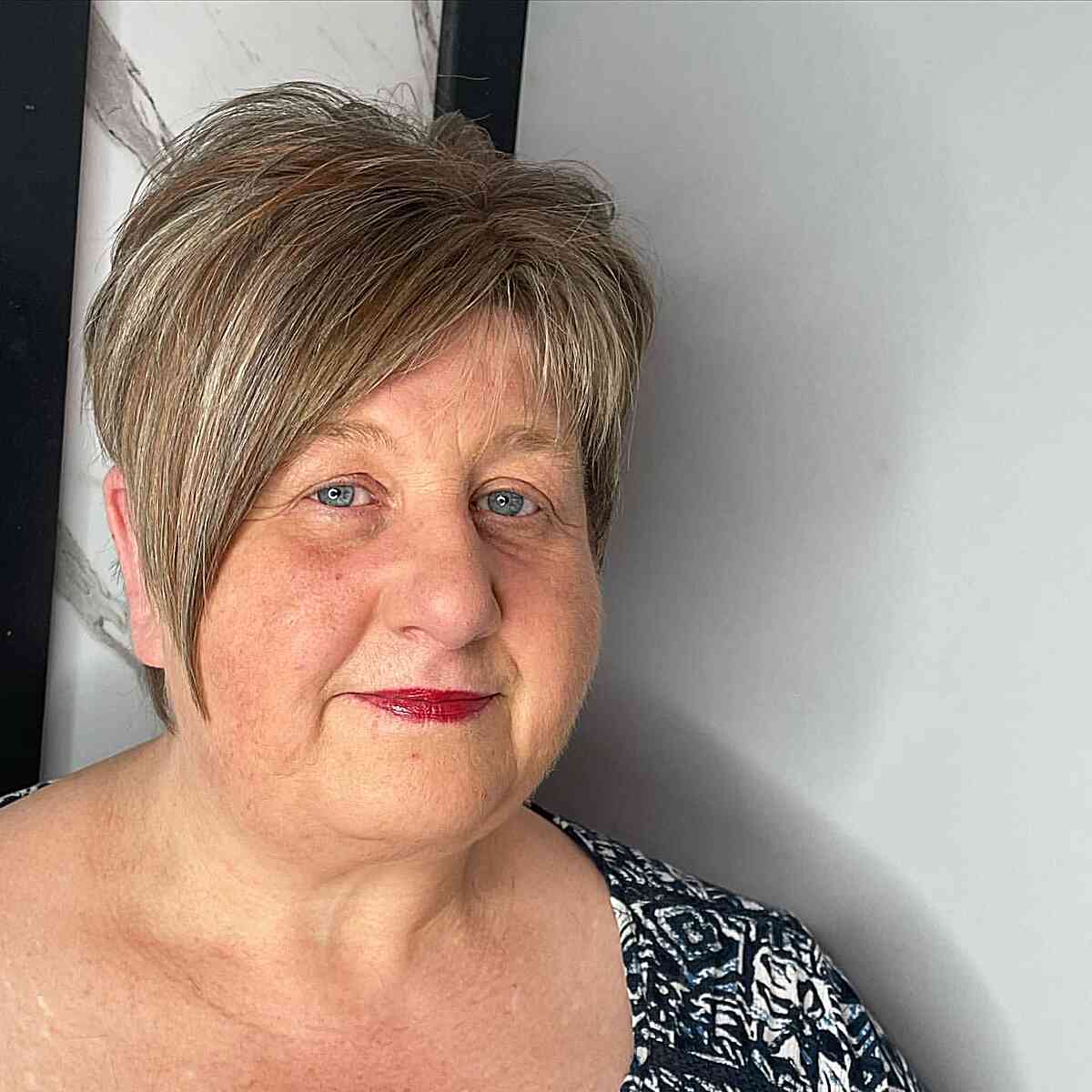 Blended Grey and Brown for Short Asymmetrical Pixie for Older Ladies 60 and Over with Fuller Face Shapes