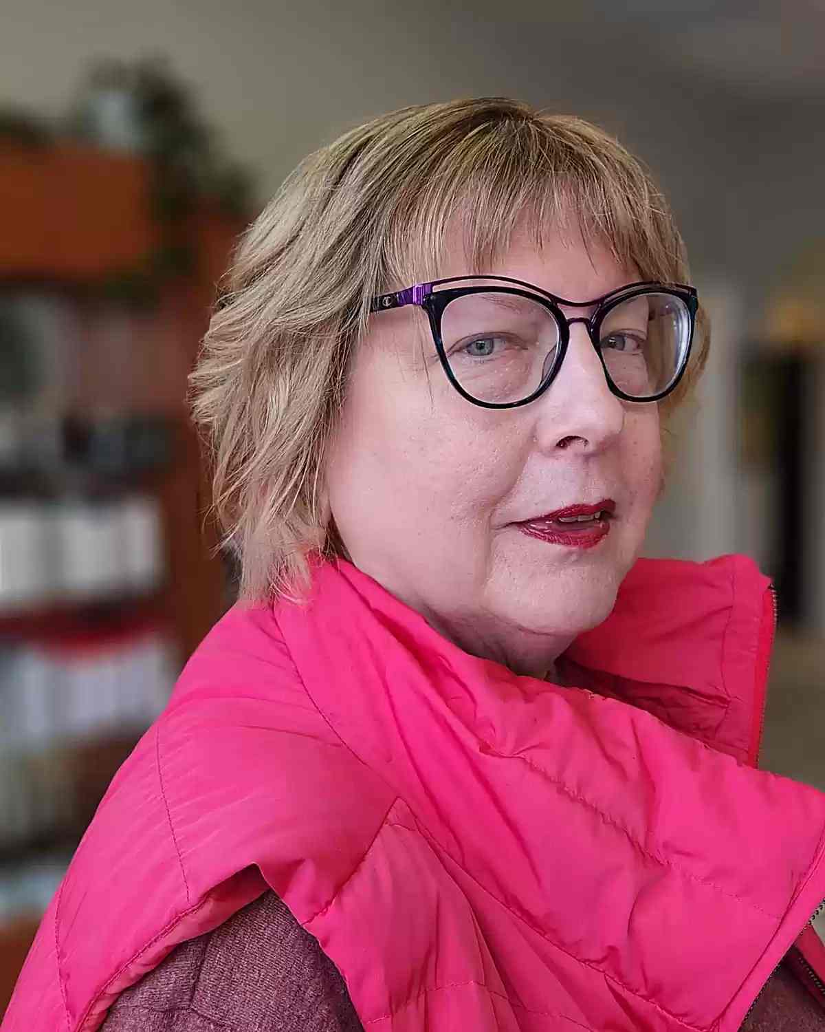 Bob stacked with mysterious bangs on women more than 60 with glasses and round faces