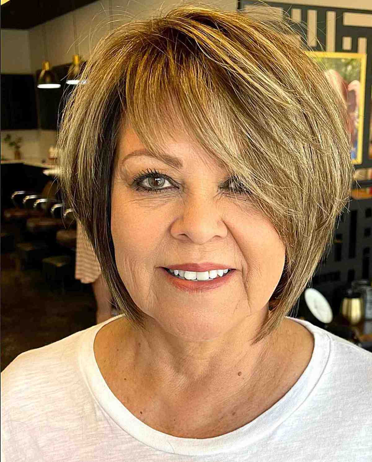 Golden blond hair with the side bangs of women between the ages of 60 with round faces