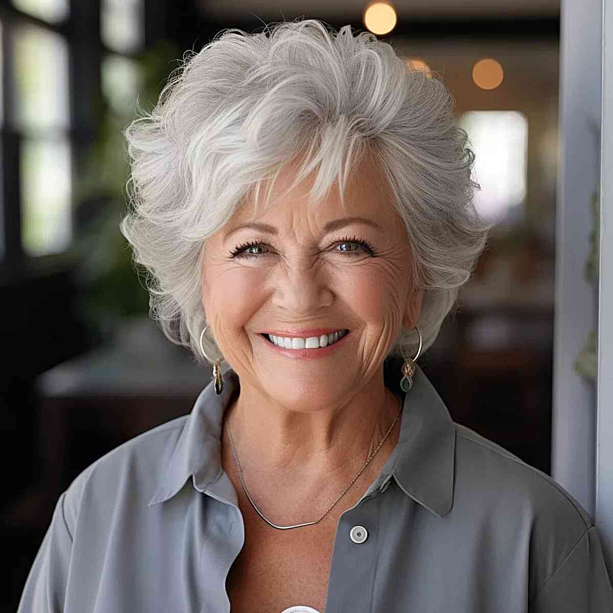 A short silver feather haircut with a side margin for the elderly more than 60 with round faces