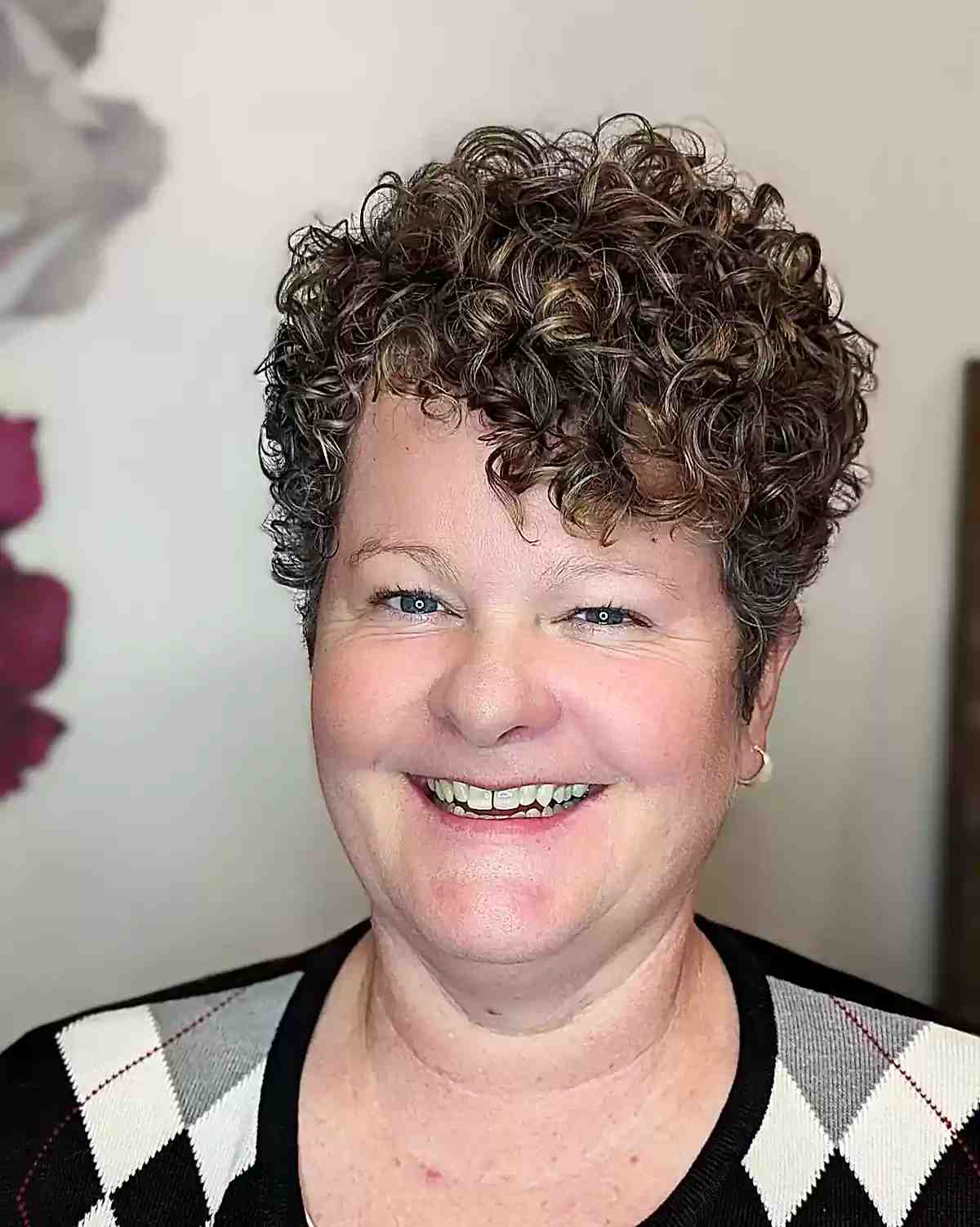 Short Curly Hair with Side-Swept Bangs for Older Ladies and Fuller Faces Shapes 