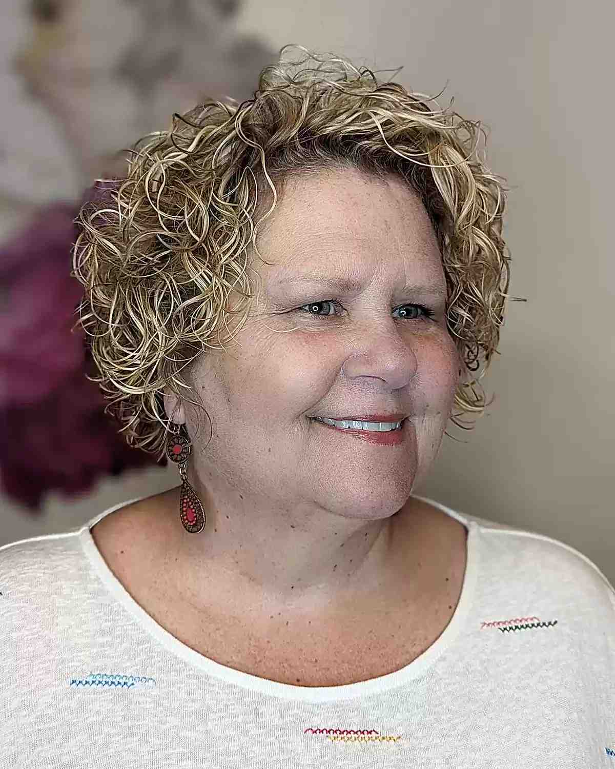 Textured Curls for a Mini Bob Cut on Older Women's Round Faces
